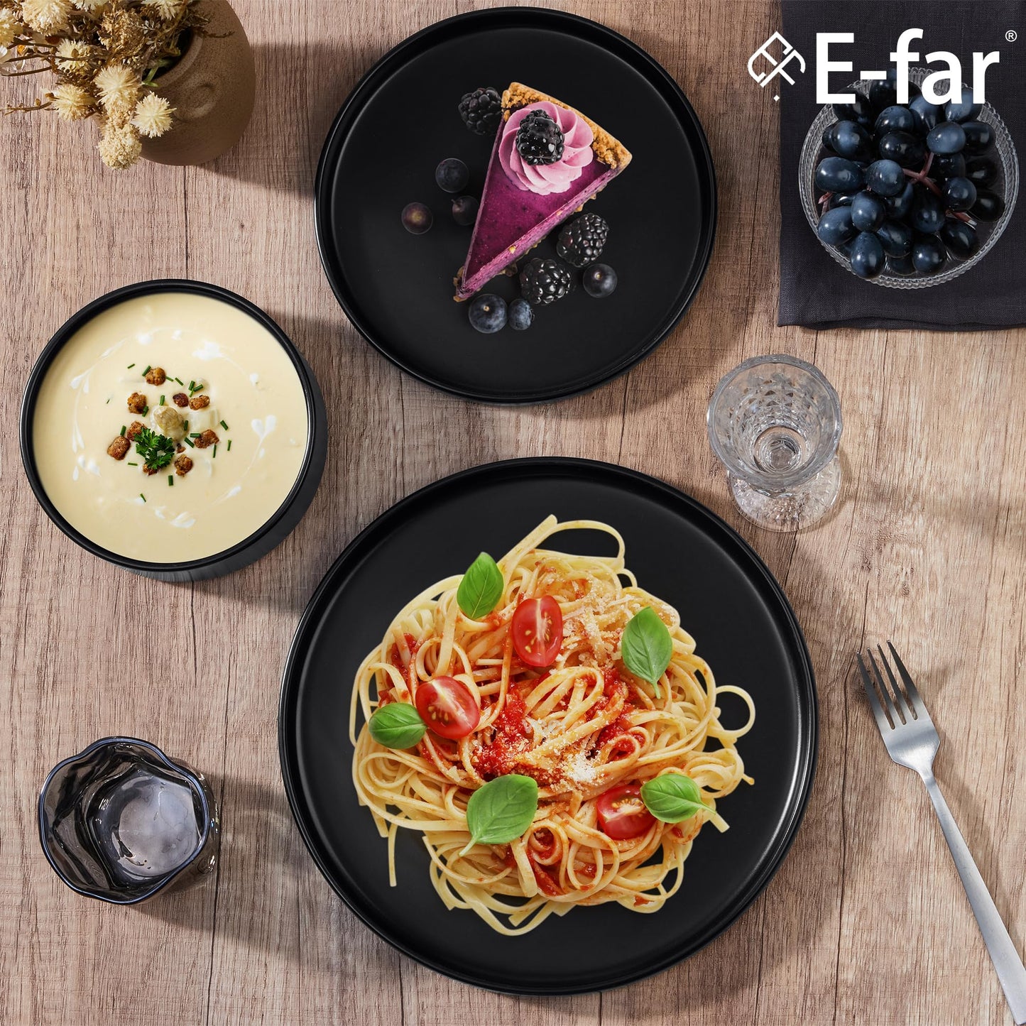 E-far Stoneware Dinnerware Sets, 12-Piece Plates and Bowls Dish Set for 4, Kitchen Modern Dinning Ware, Chip and Scratch Resistant, Microwave & Dishwasher Safe, Matte Black
