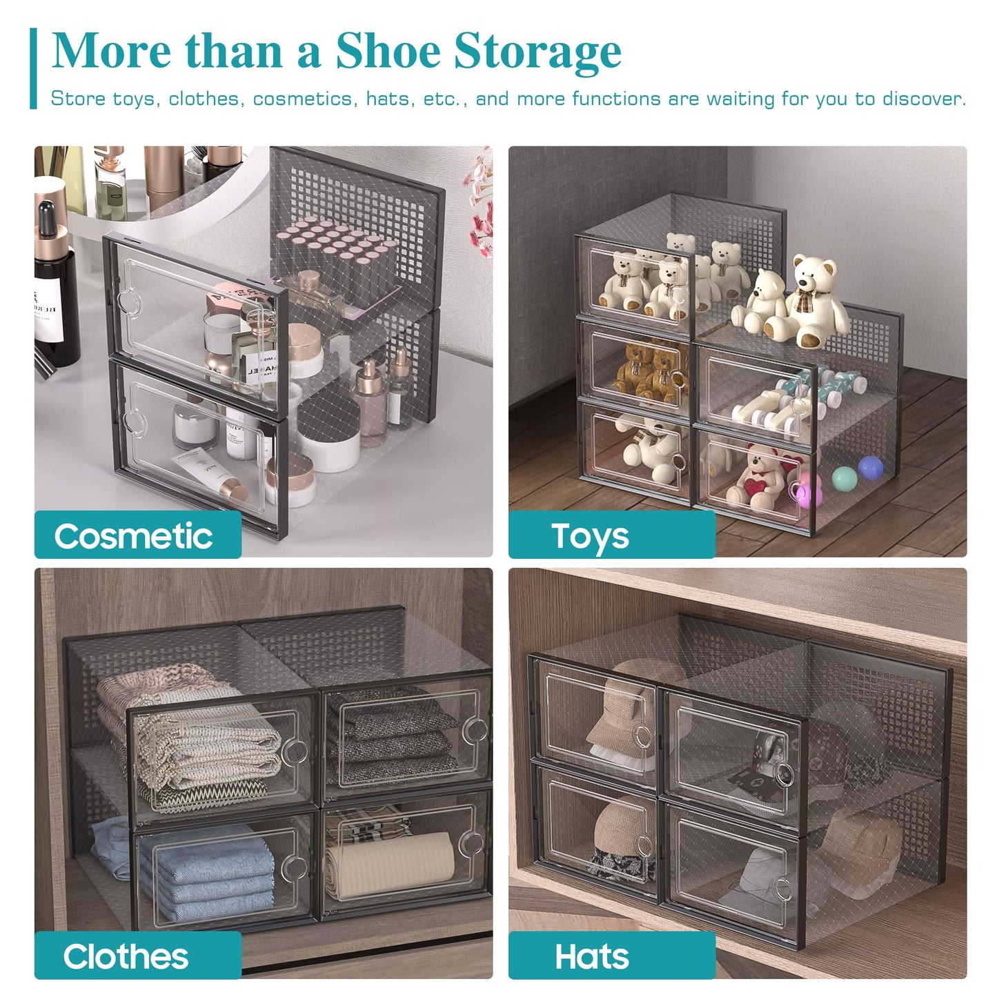 Kuject Large Shoe Organizers Storage Boxes for Closet, 12 Pack Clear Plastic Stackable Storage Bins with Lids, Under Bed Shoe Containers for Entryway, Drop Front, Fit up to Women's Size 10,Black