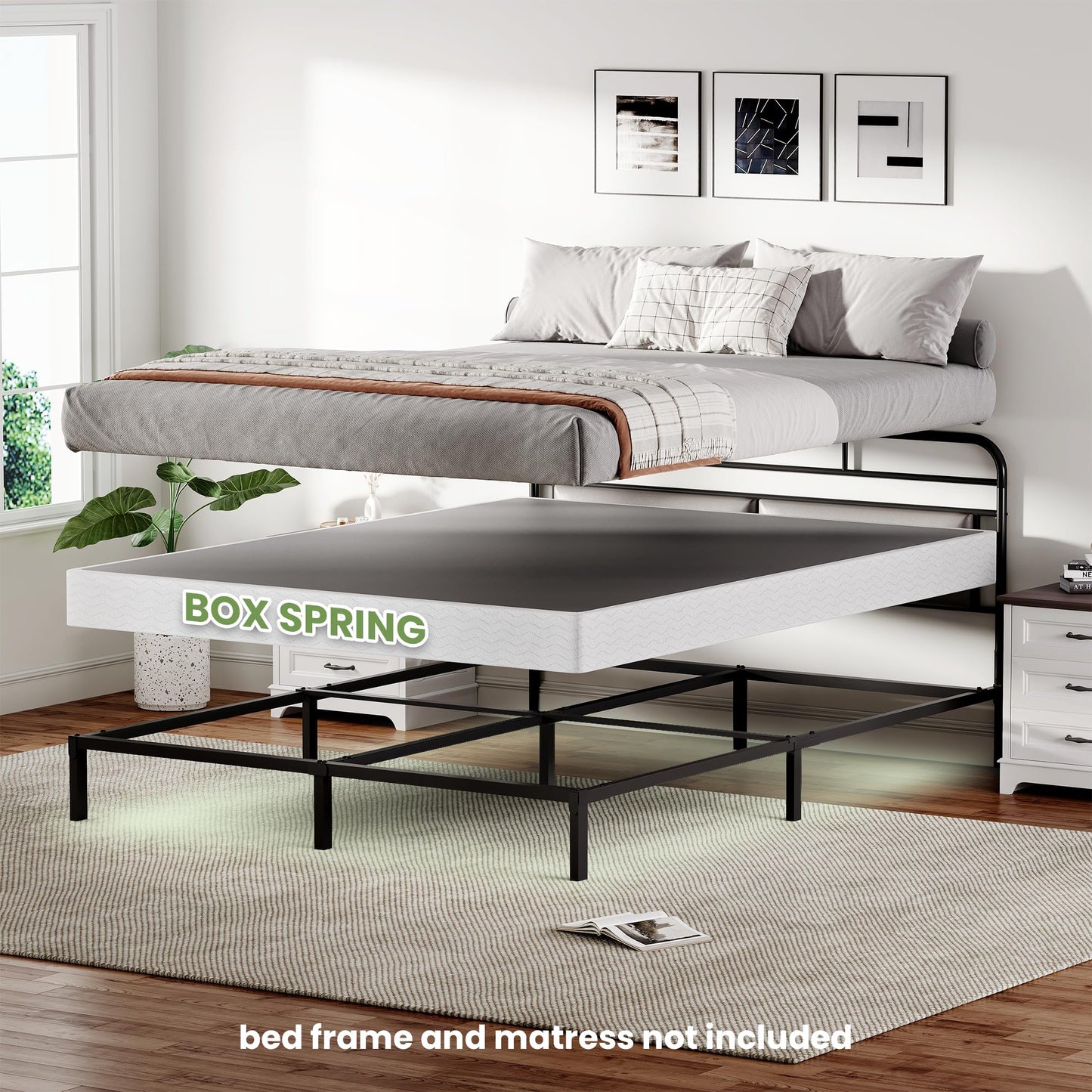 GRUSIGN 5 Inch Box Spring for Queen Bed, Quick Assembly Queen Size Metal Mattress Foundation with Fabric Cover, Strong Steel Frame, Heavy Duty, Low Profile Bed Frame Base Cama, Queen