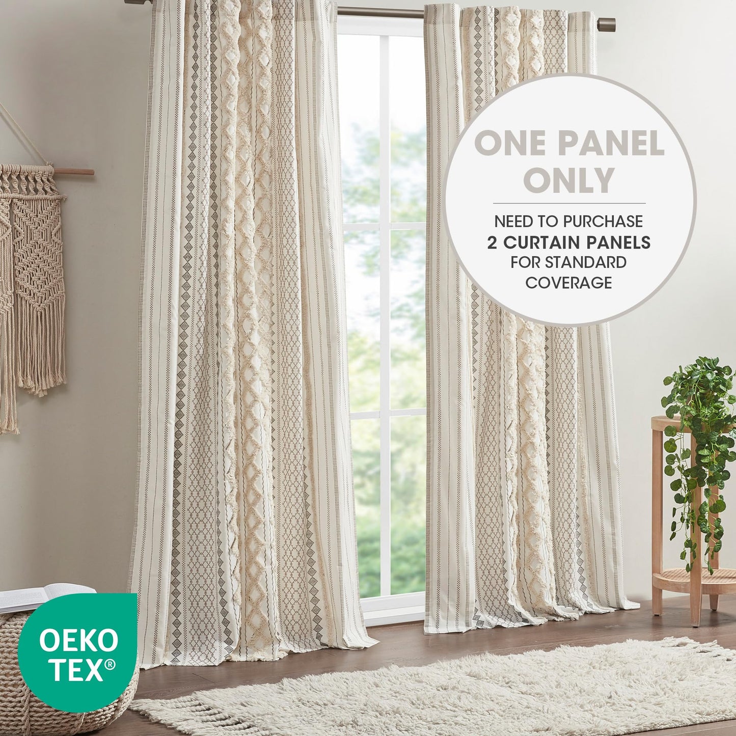 INK+IVY Imani 100% Cotton SINGLE PANEL Curtain Tufted Chenille Stripe Geometric Print Mid-Century Look Rod Pocket Top Drape for Living Room, Privacy Window Treatment for Bedroom, 50" x 84", Ivory