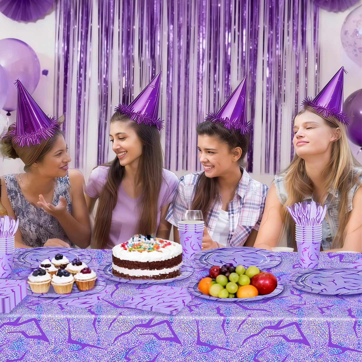 Demon Hunter Birthday Tableware Decor for 20Guests, Purple Holographic Laser Energy Pattern Plates Cups Napkins Tablecloth Cutlery, Sparkling Korean Idol Movie Decoration for Party, Birthday, Bachelor