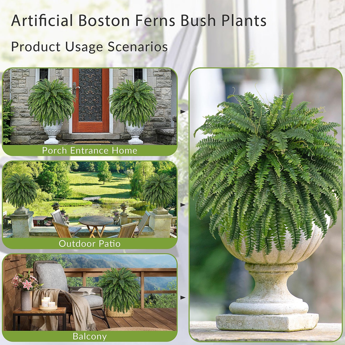 FOREST PRINCE 50" Artificial Boston Ferns, Fake Bush Plants, Large Faux Ferns with 96 Fronds for Outdoors Home Decor