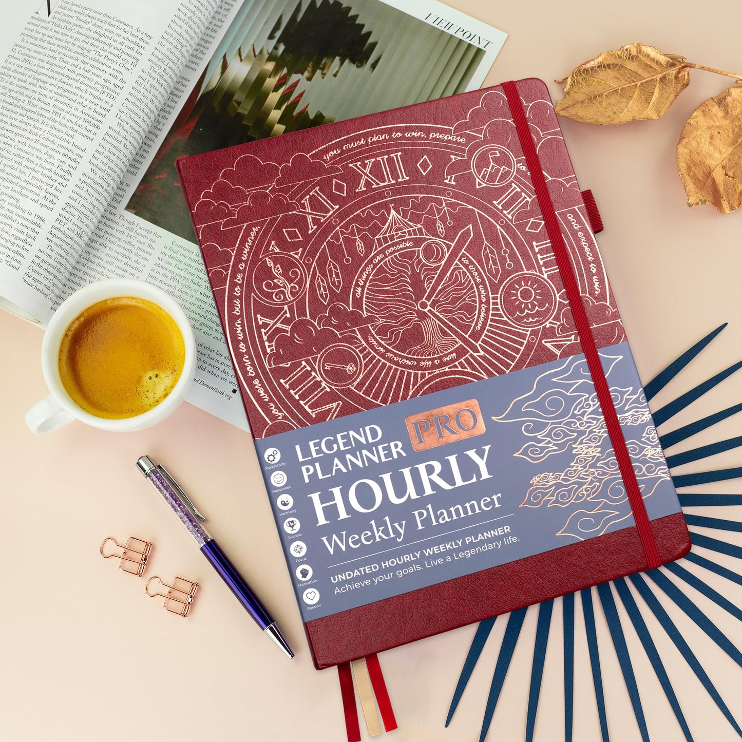 Legend Planner PRO Hourly Schedule - Weekly & Daily Organizer with Time Slots. Appointment Book Journal for Work & Personal, A4 (Wine Red)