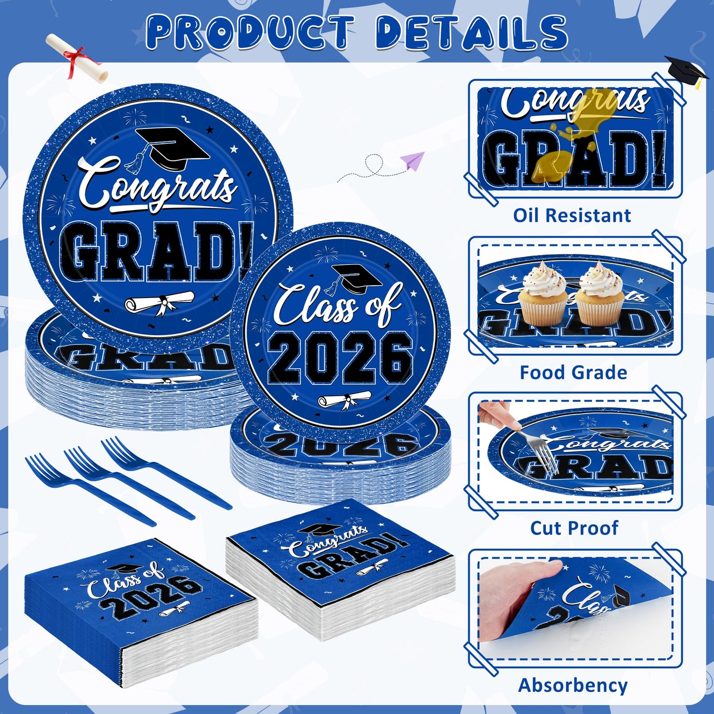 200Pcs Graduation Decorations 2026, Blue Graduation Plates and Napkins Party Supplies for 50 Guests, Disposable Grad Plates, Napkins, Dessert Plates and Forks for Grad Decor Wedding Birthday Supplies