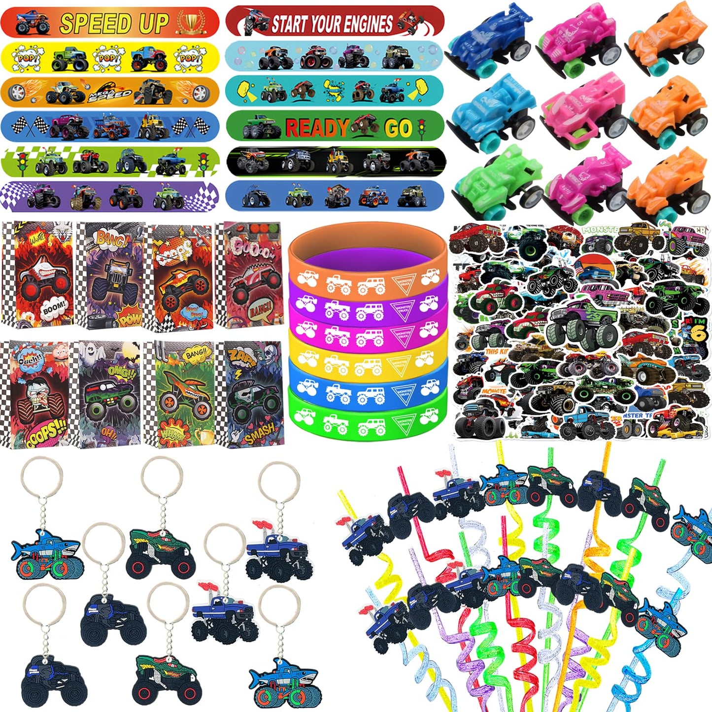 122PCS Monster Truck Party Favors Set, Jam Birthday Decorations Including Theme Slap Bracelets, Keychains, Gift Bags, DIY Stickers, Drinking Straws, People Monster Truck Birthday Supplies