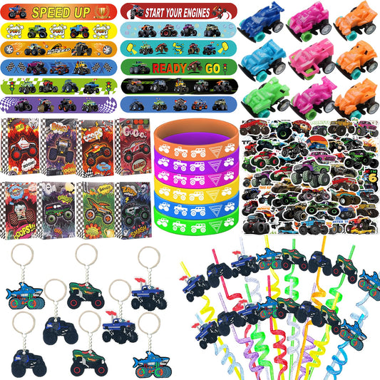 122PCS Monster Truck Party Favors Set, Jam Birthday Decorations Including Theme Slap Bracelets, Keychains, Gift Bags, DIY Stickers, Drinking Straws, People Monster Truck Birthday Supplies
