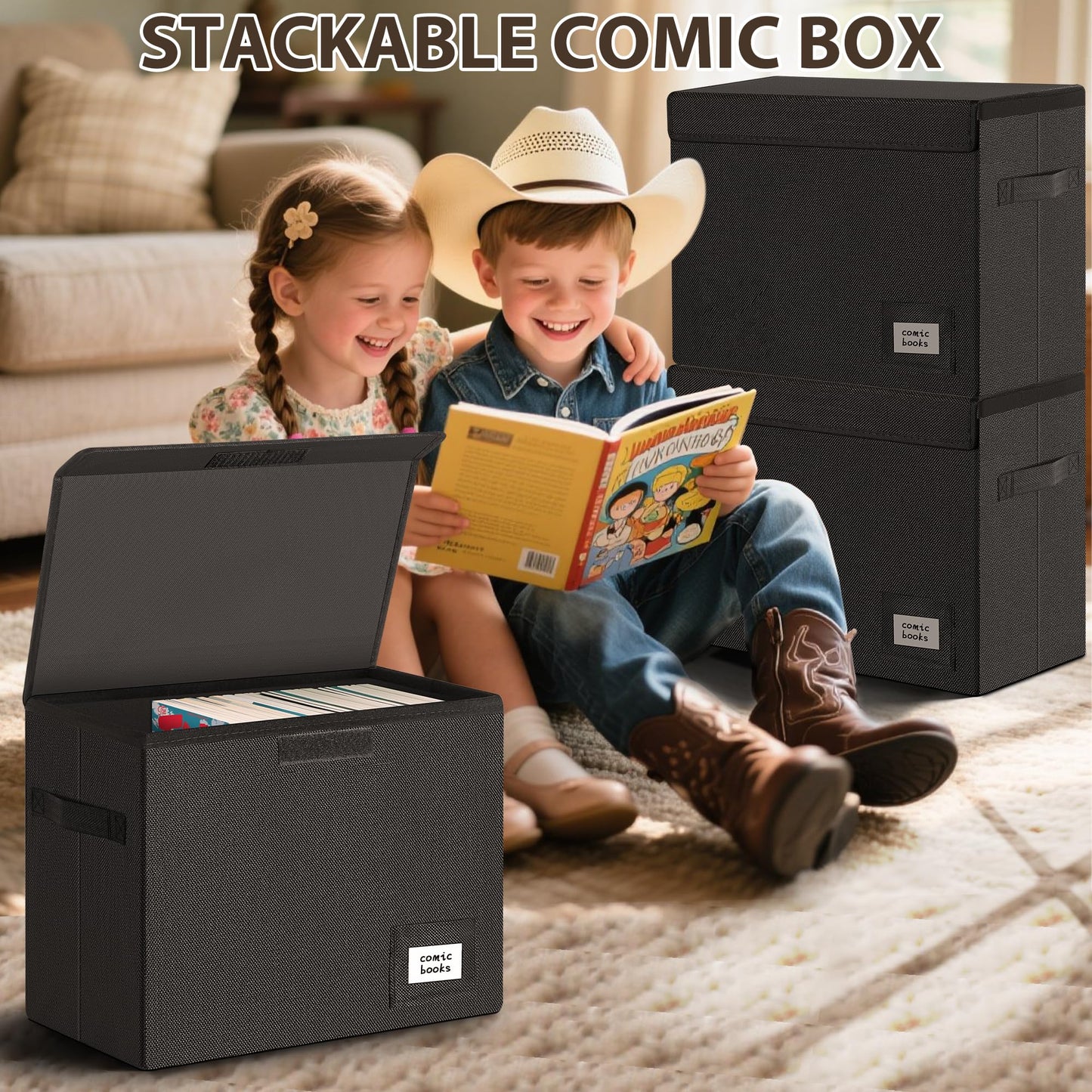 Leffis 3 Pack Comic Book Storage, Comic Book Box Collapsible and Stackable Comic Short Box with Lid and Label Slot 15.5" X 7.5" X 11.3" Holds 150 Comics (Black)