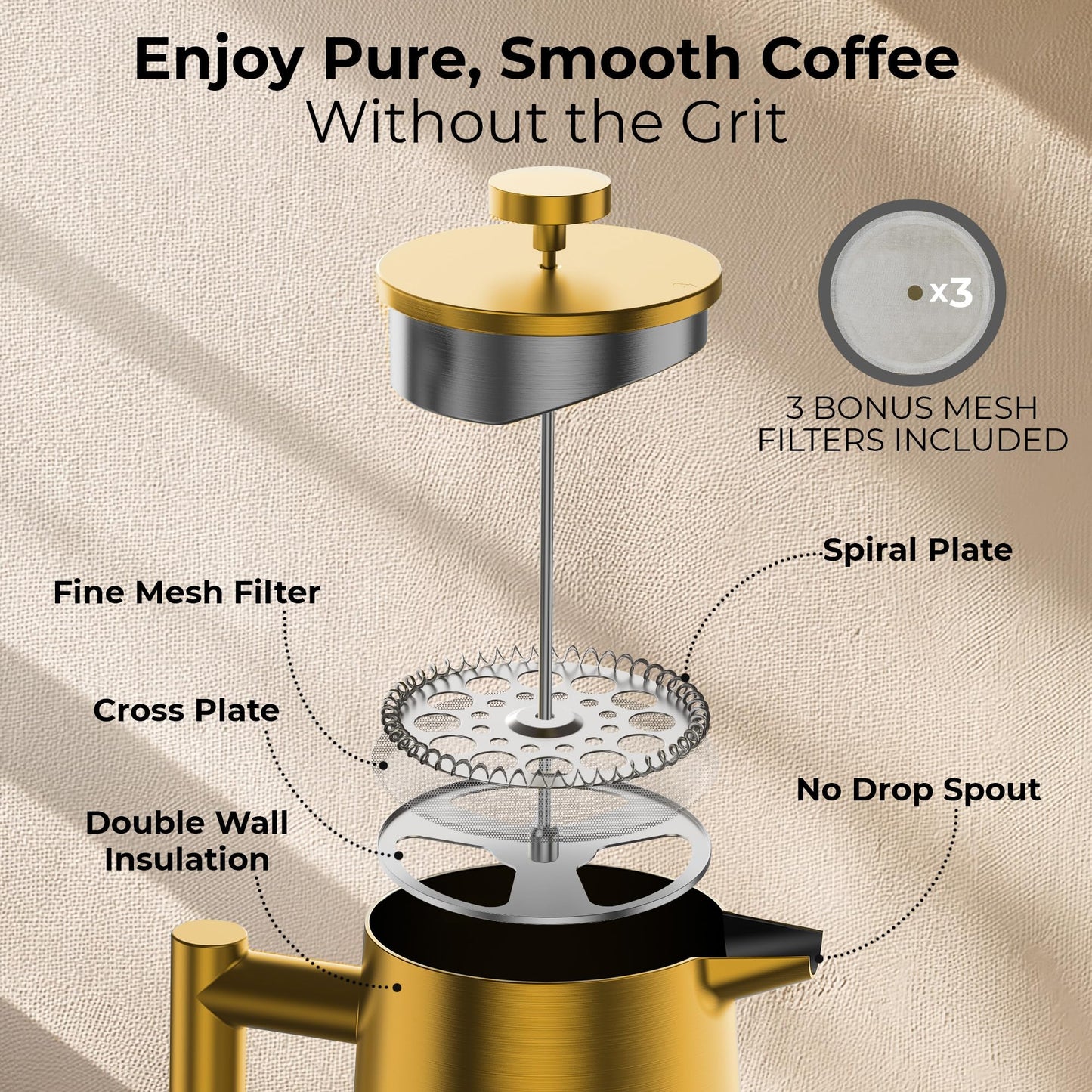 STELLAGRO French Press Coffee Maker, Stainless Steel French Press 34 Oz / 1L, Double Wall Insulated Coffee Press with 3 Extra Mesh Filters, Metal Coffee Maker for Coffee & Tea, Satin Finish, Gold