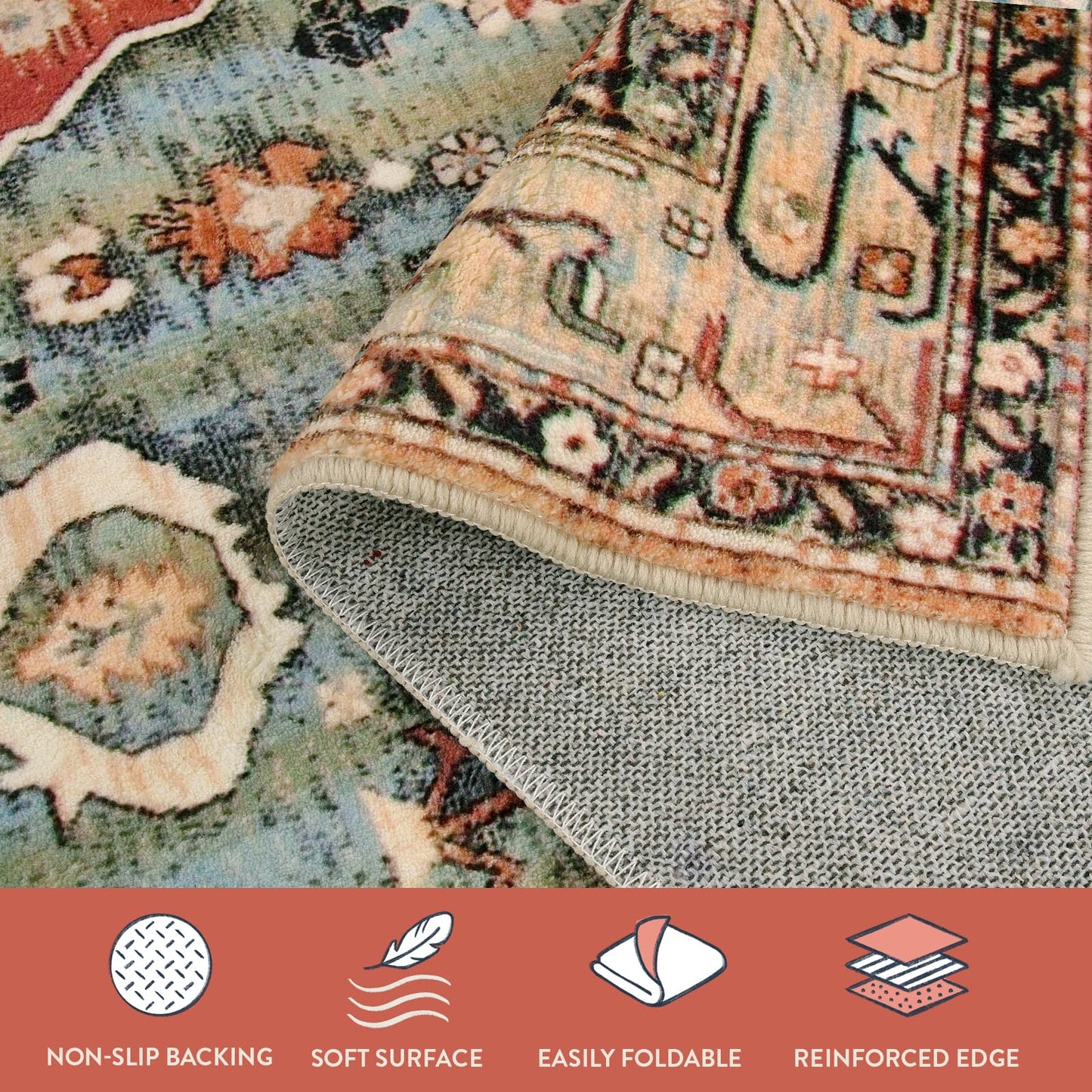 Lahome Felice Boho Tribal 5x7 Washable Living Room Bedroom Rug, Oriental Soft Dining Room Rugs for Under Table, Large Distressed Printed Carpet for Entryway Kitchen Playroom (Rust/Dull Teal,5x7ft)