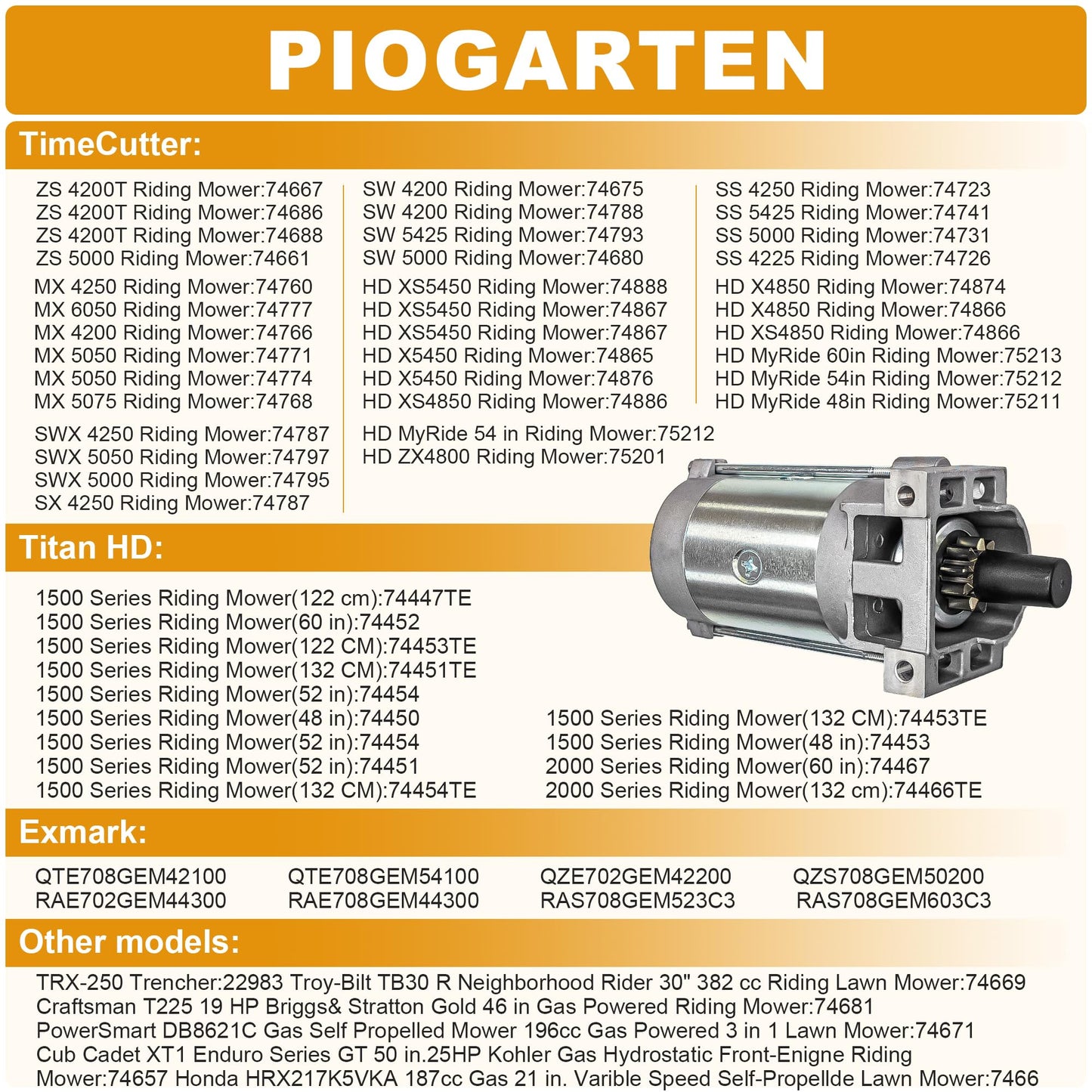 136-7880 Starter Motor FitsToro Timecutter SS5000 SS4225, Titan 48" 52" 60",Exmark Quest Radius E S 48" 52" 60" Compatible 2P77F 22 22.5 24.5HP Engine 133-1564 127-9209 133-9828