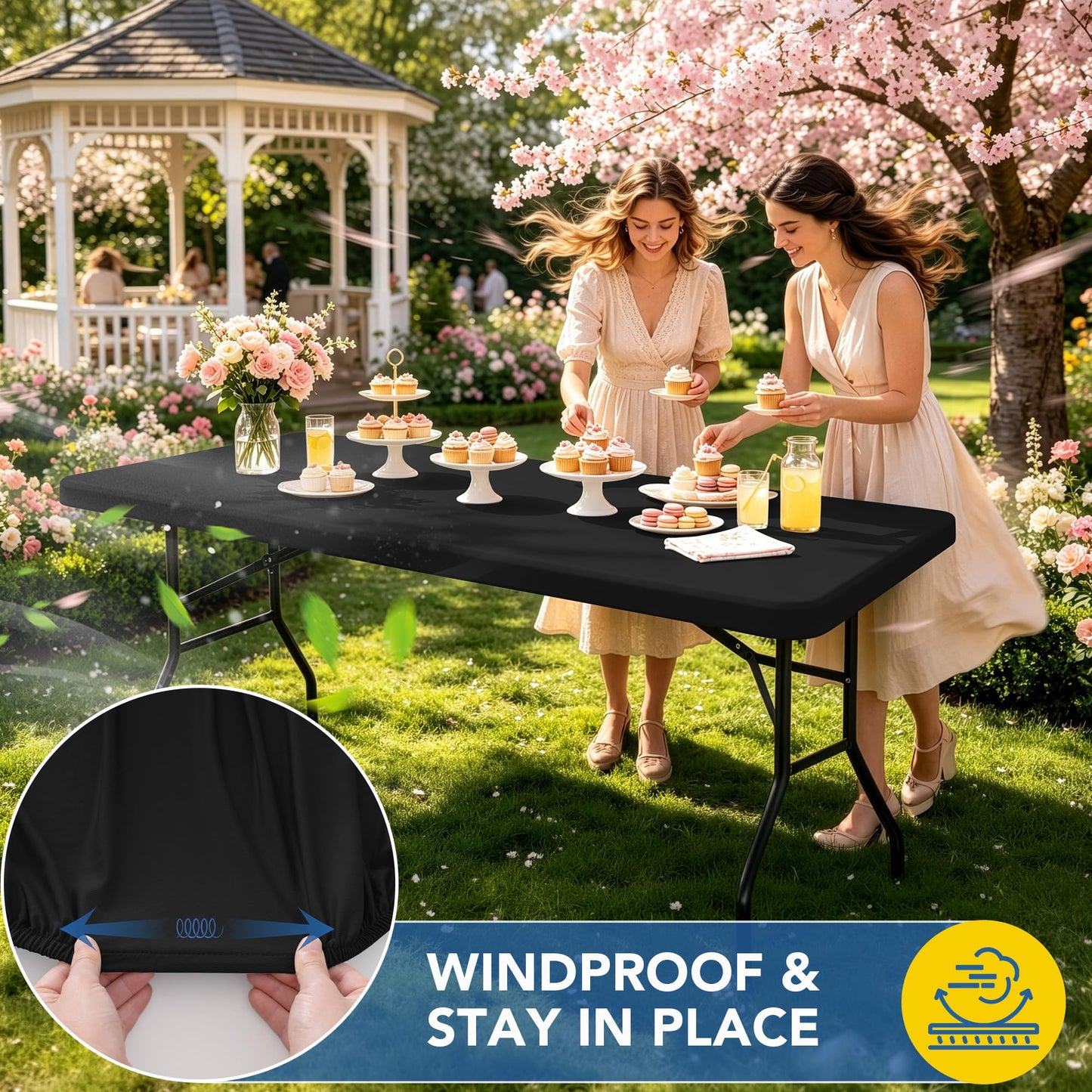 Enjoyidea Fitted Tablecloth for 8 Foot Rectangle Tables-6 Pack Black Elastic Outdoor Picnic Table Cover-Spandex Stretch Folding Table Cloths 8ft for Camping Dining Room Patio Kitchen Banquet Party