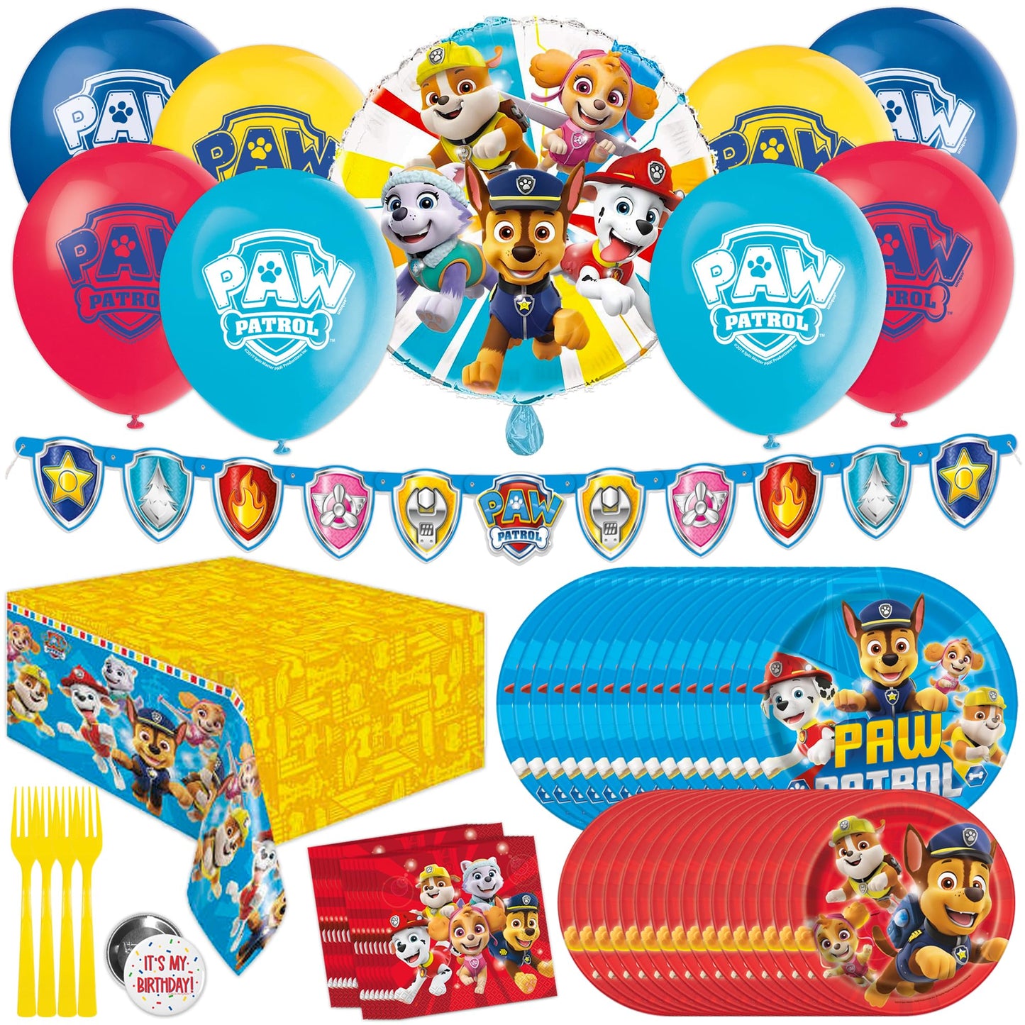Paw Patrol Birthday Decorations | Serves 16 Guests | Paw Patrol Party Supplies | Balloons, Banner, Tablecloth, Dinner & Cake Plates, Napkins, Button