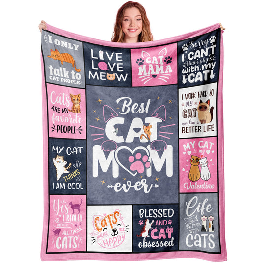 Settocos Cat Mom Gifts Blanket 50"x60", Mothers Day Birthday Gifts for Cat Lovers for Women, Cats Lovers Gifts for Women, Funny Cats Themed Gifts, Cat Lady Mom Mother Present