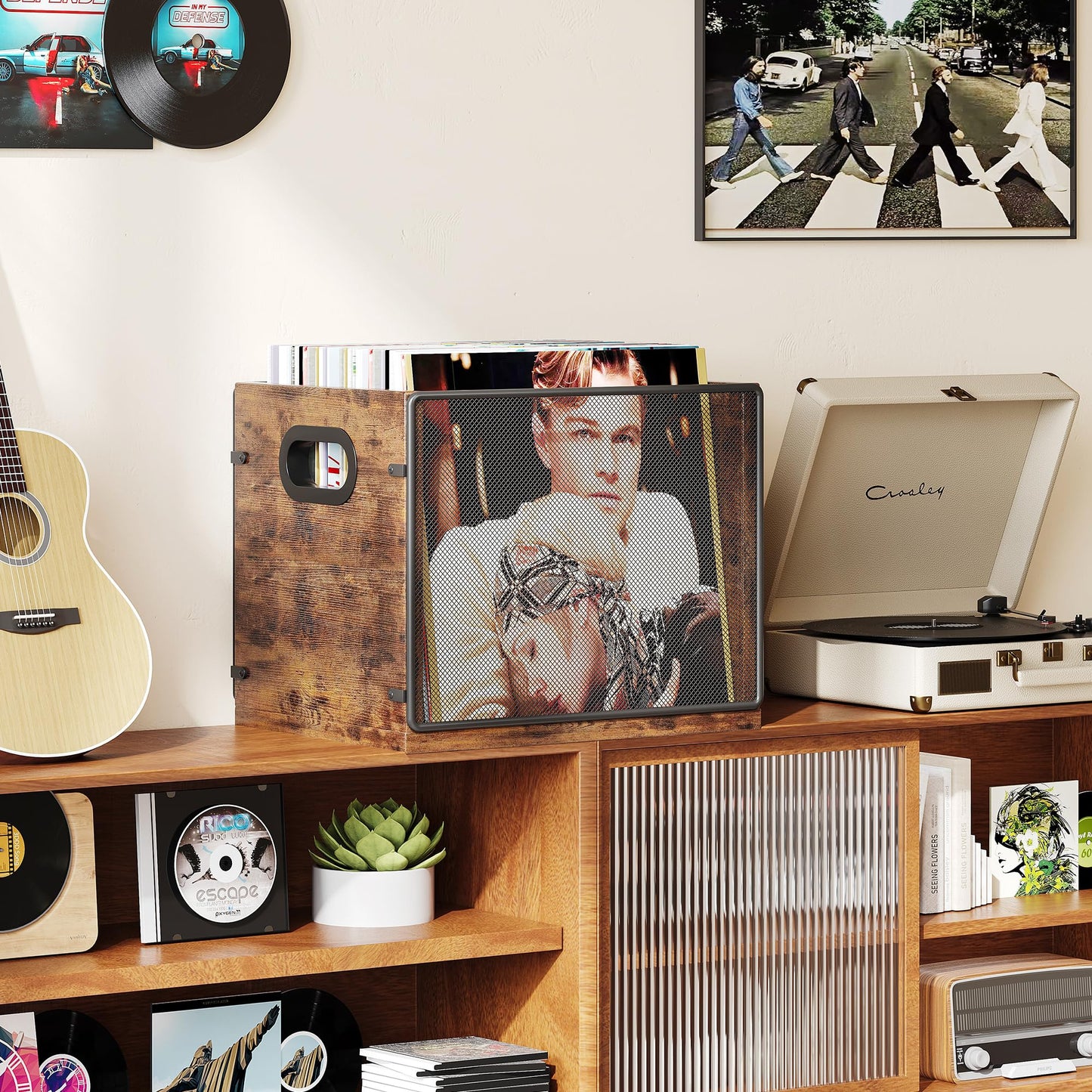 Homeiju Wooden & Metal Record Crate - Vinyl Album Holder & Organizer, Holds Up to 60 Records
