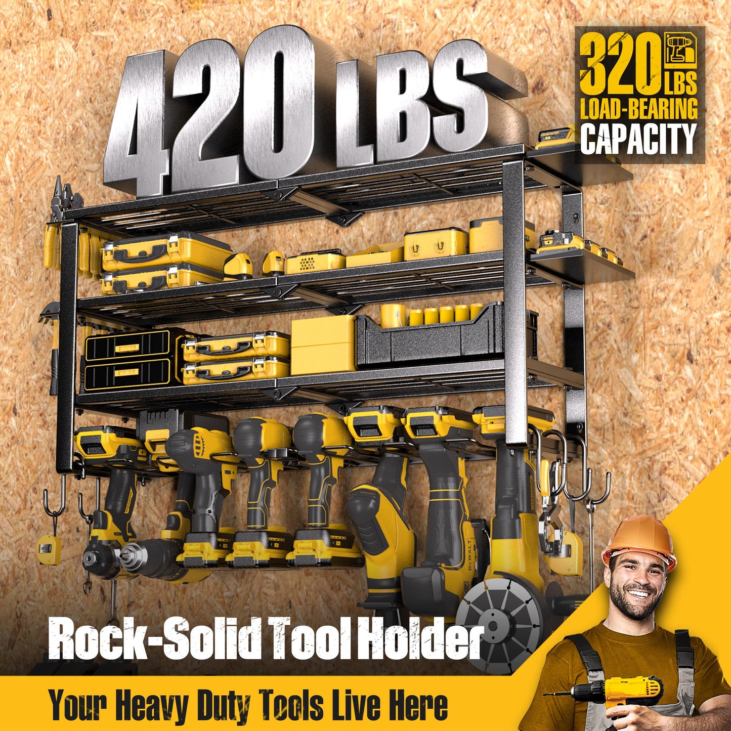 Spampur 420LB Capacity Power Tool Organizer with Charging Station & 6 Outlets | Quick Assembly 4-Layer Heavy Duty Rack for Drills & Batteries | Ultimate Garage Storage & Christmas Gift for Men