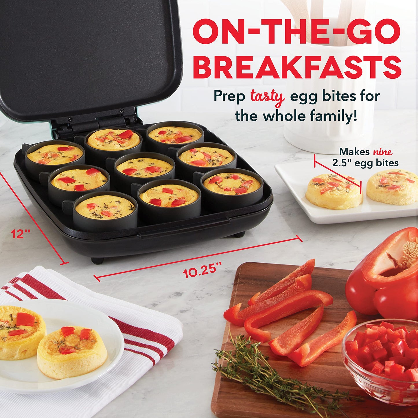 Dash Family Size Egg Bite Maker - Electric Egg Bite Maker with Non-Stick Silicone Cups - Space-Saving Design & Quick Cleanup - Make Sandwiches, Healthy Snacks & Desserts - 9 Servings, Aqua