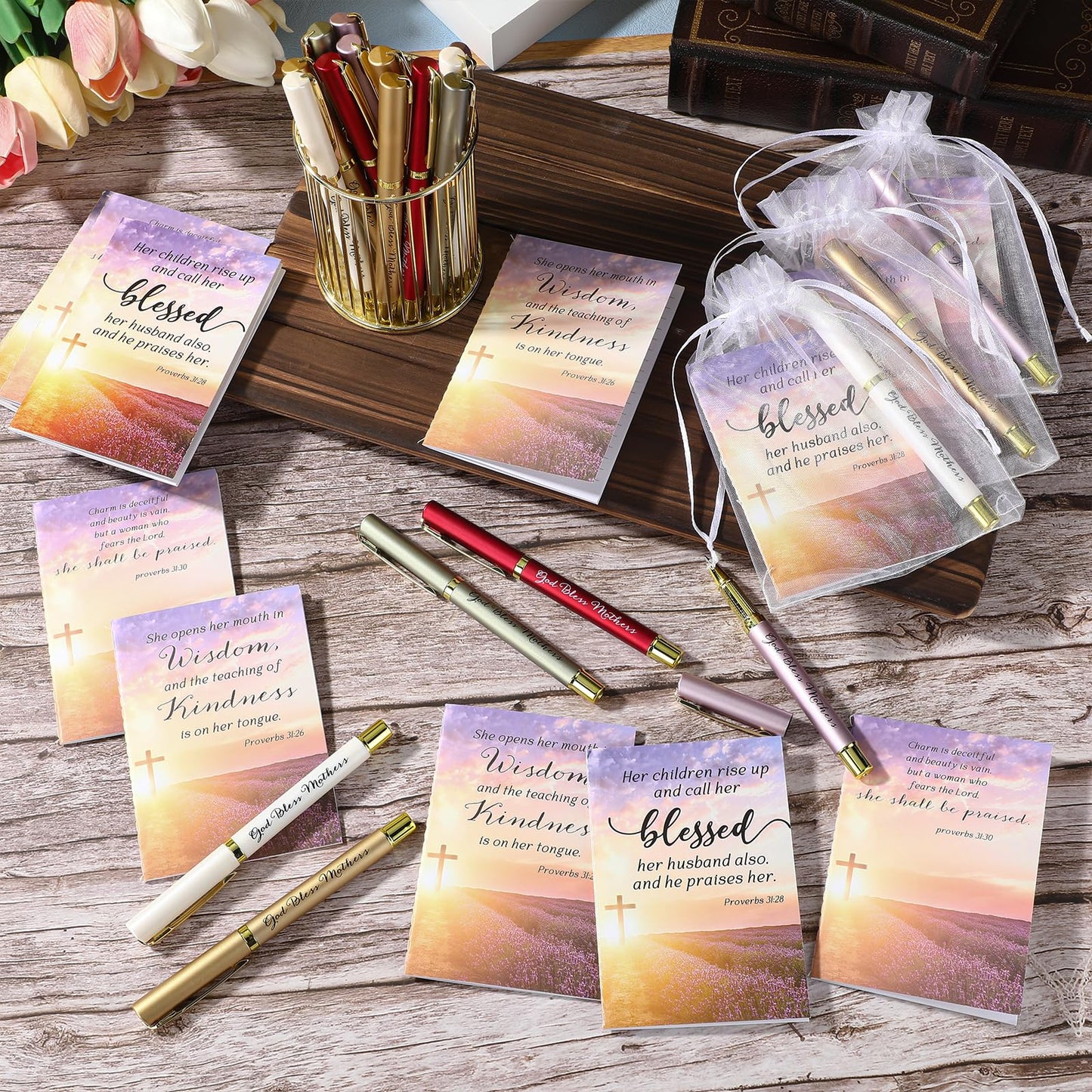 Spakon 50 Sets Mother's Day Church Gifts Bible Verse Notebooks Christian Pens with Organza Bags Religious Mother's Day Gifts for Mom
