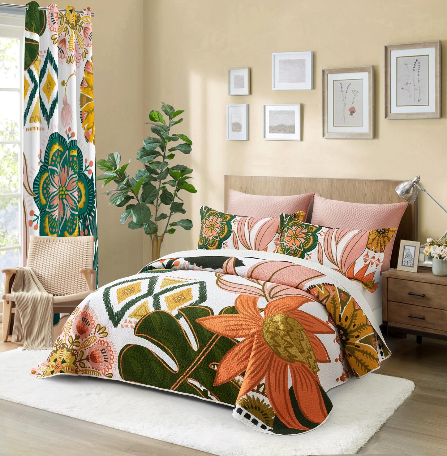 Tyrot 3 Piece Boho Floral Full/Queen Quilt Sets Farmhouse Botanical Reversible Lightweight Bedspread Coverlet with 2 Shams Mid Century Leaves Microfiber Bedding Quilts Set for All Season, 90''x96''