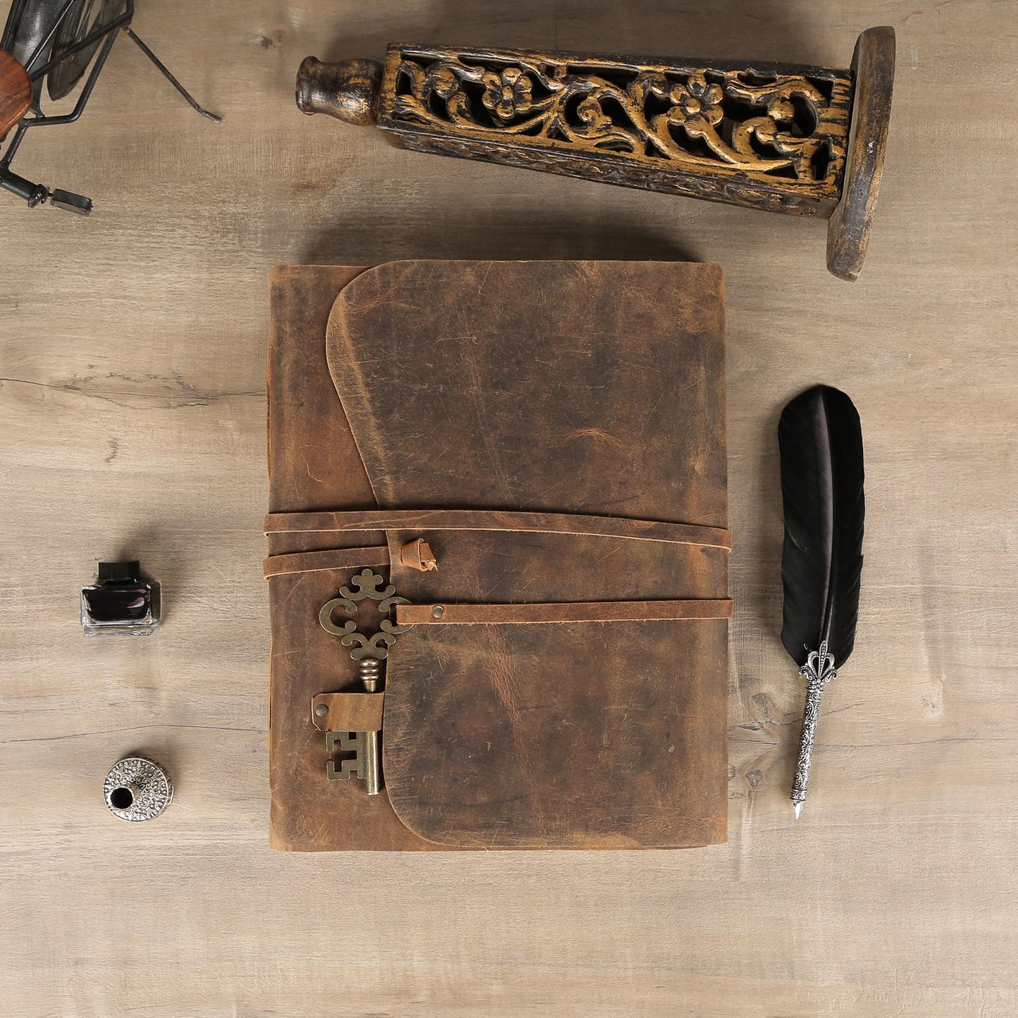 Leather Journal with Deckle Edge Paper 8x6 inch and Vintage Key | Handmade Writing Notebook Diary | Bound Daily Notepad for Men & Women Medium, Sketch/Writing pad for Artists