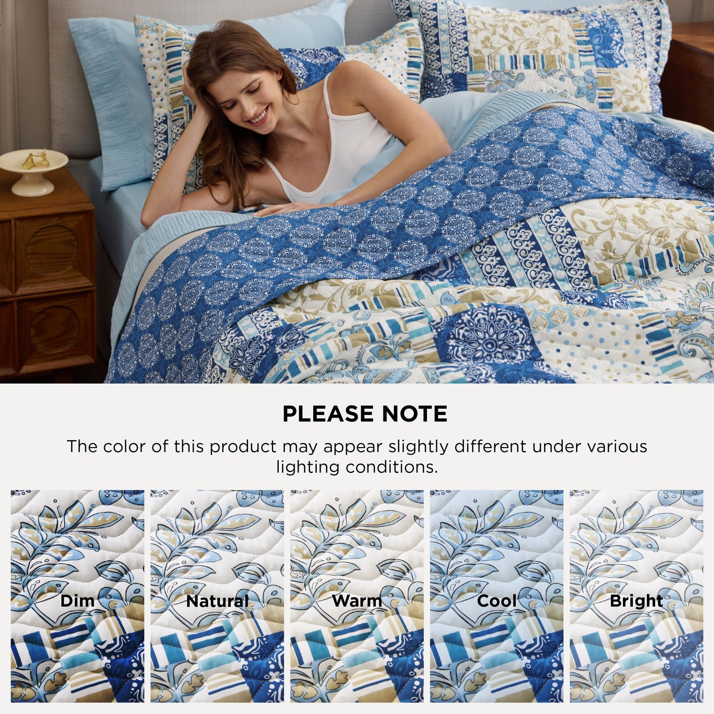 Bedsure Patchwork Quilt Queen Size - Summer Lightweight Boho Comforter Queen Size, Blue and White Bedspread Quilted Bedding, Reversible Soft Microfiber Coverlet for All Seasons (90"x96")