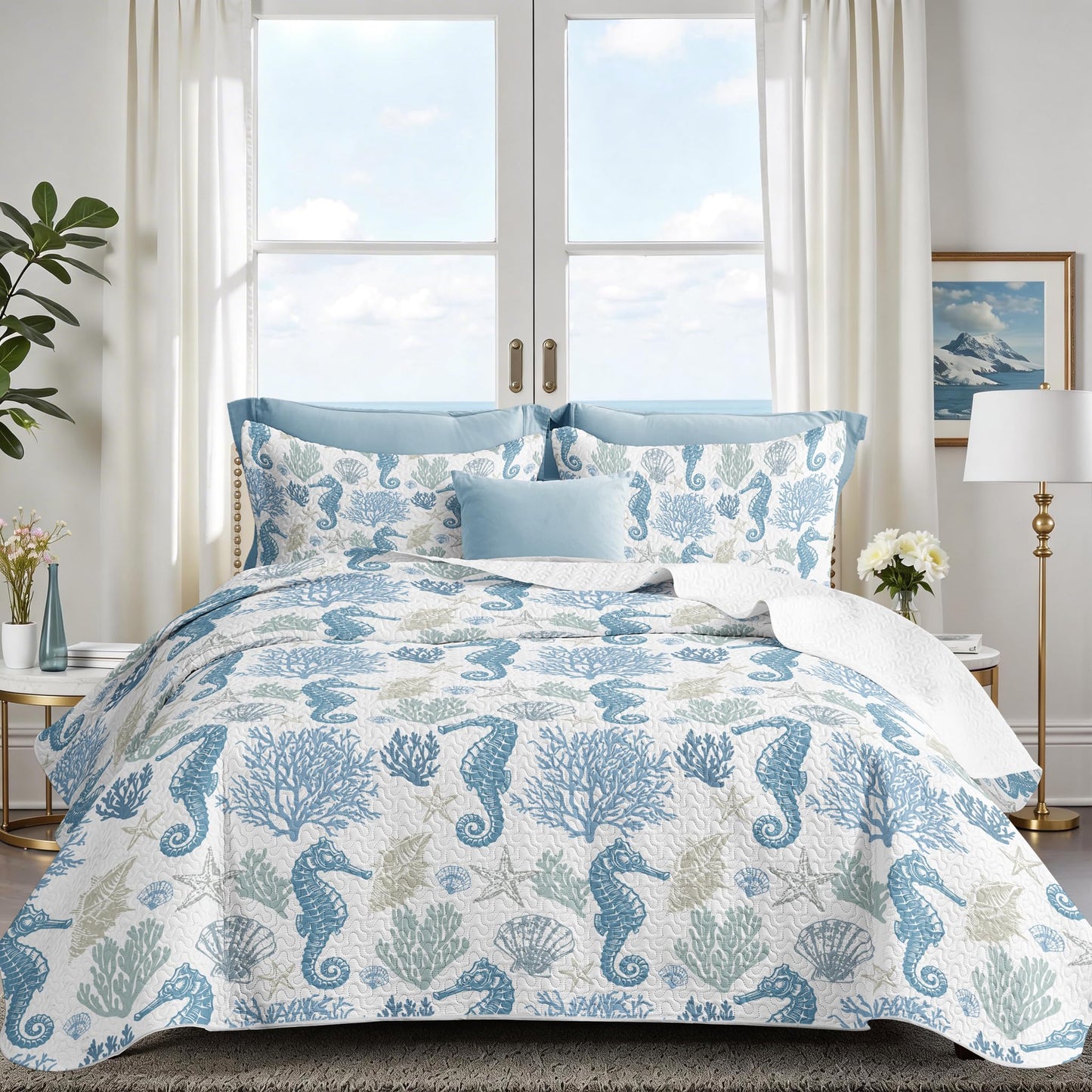 weesire Coastal Bedding Queen Size Coastal Quilt with 2 Shams, Nautical Beach Comforter Sets Ocean Bedspreads Blue Seahorse Coverlet Summer Bedding, 90''x96''