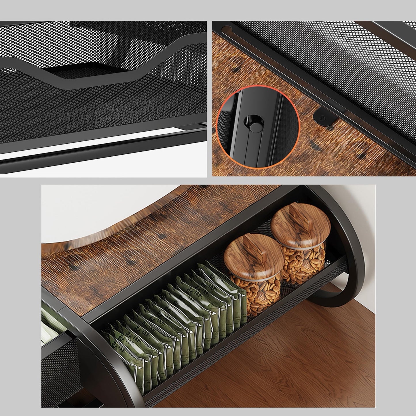 SANRETAHO Coffee Pod Holder with Drawer, Wooden Coffee Station Organizer for Countertop, K Cup Storage Rack and Kitchen Organizer, Rustic Brown