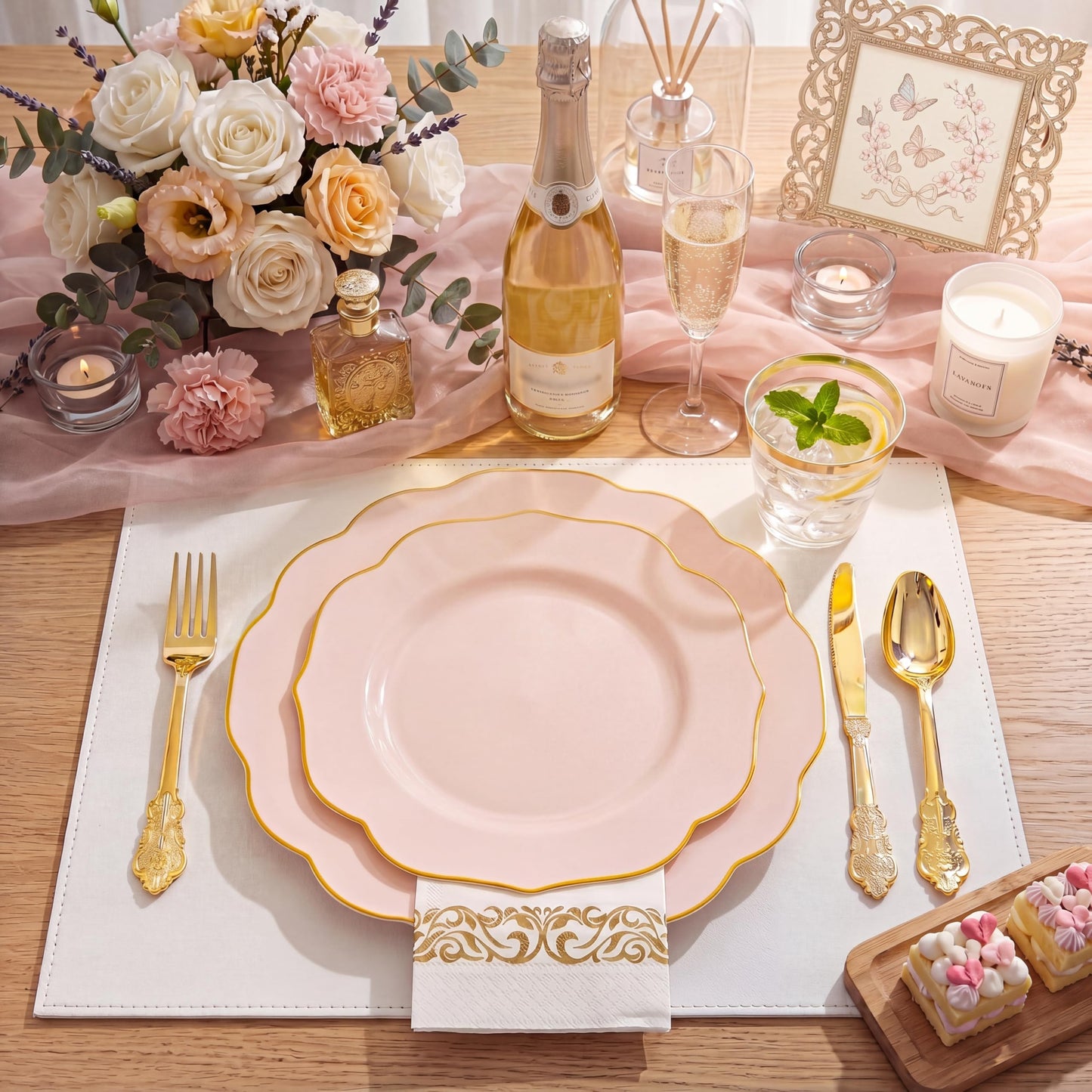 NOCCUR 175PCS Pink Plates with Gold Disposable Silverware - Include 50 Pink Plastic Plates,25 Knives,25 Forks,25 Spoons,25 Cups and 25 Napkins - Ideal for Party/Wedding/Banquet/Baby Shower