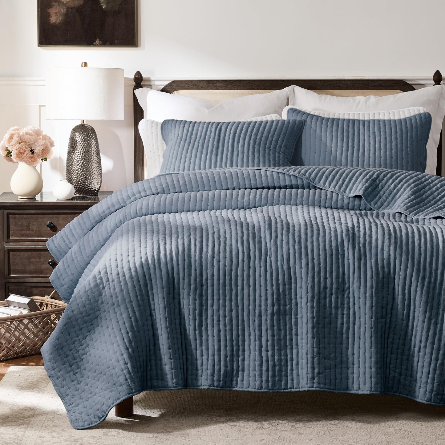 WDCOZY Blue Cross Stitch California Cal King Size Quilt Set, Oversized Striped Lightweight Soft Bedspread, Channel Farmhouse Rustic Coverlet, All Season Country Bedding, Thin Comforter