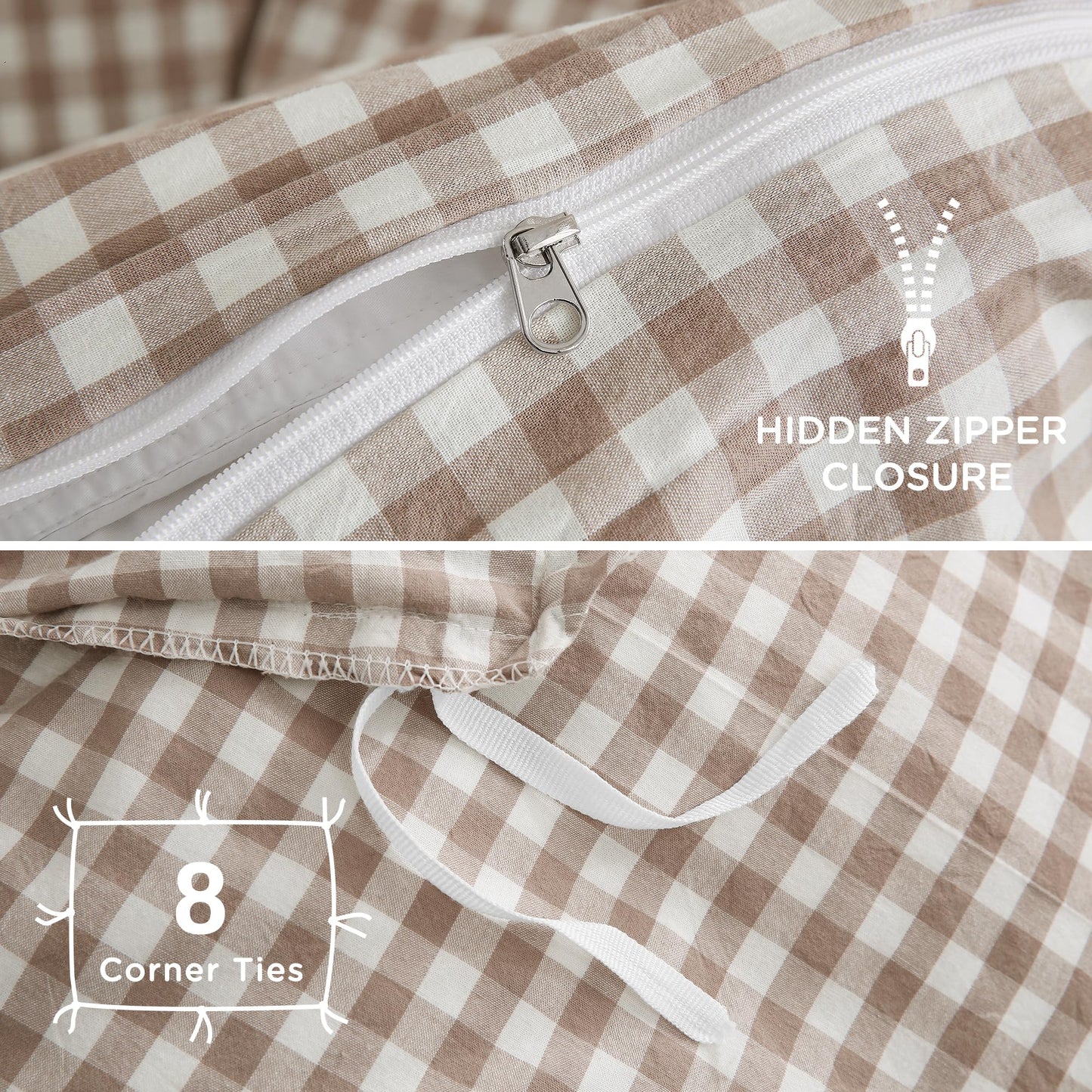 TOCOMOA Tan Gingham Duvet Cover Bedding Set 100% Washed Cotton Like Linen Feel Super Soft Comfy 3 Piece Brown Vintage Plaid Checkered Fall Comforter Cover Set (Queen 90"x90", Comforter Not Included)
