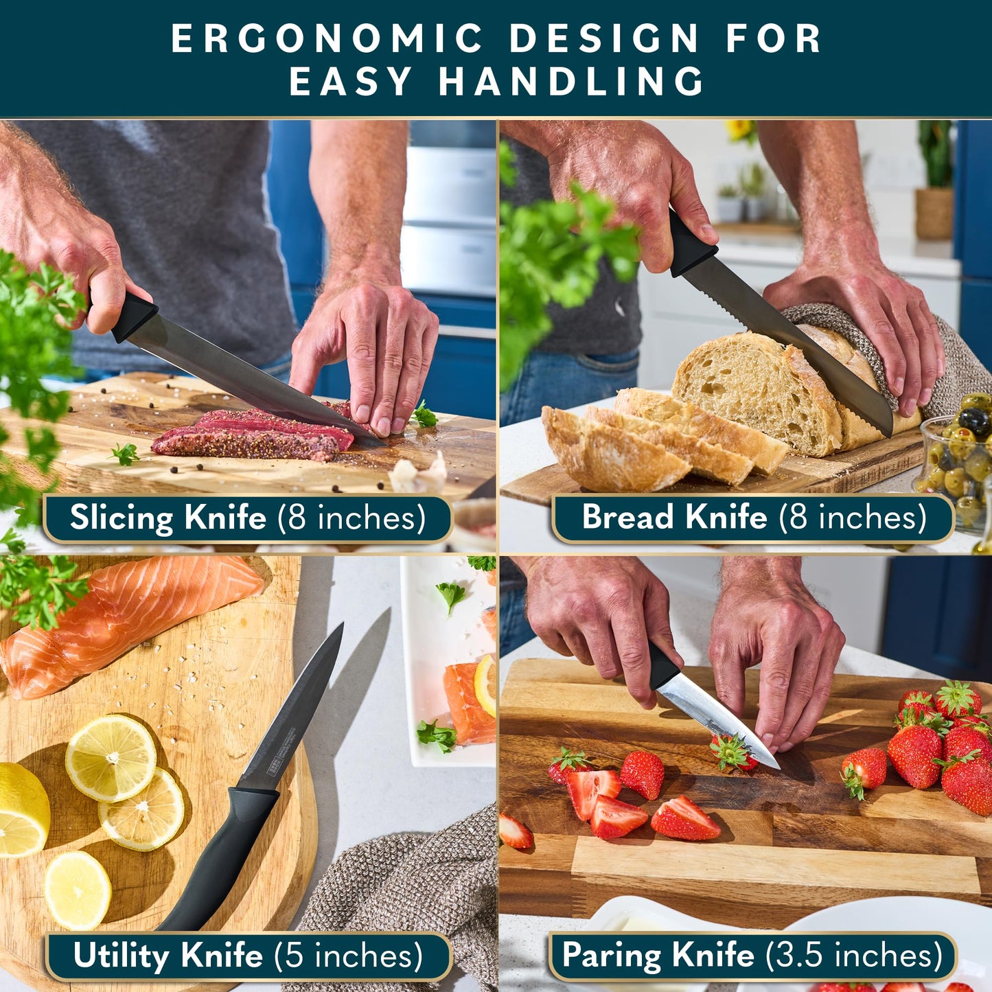 Home Hero Kitchen Knife Set - 15 PCS Black Knife Set with Block and Sharpener - Stainless Steel Knife Set - Ergonomic Handles - Includes Steak Knives Set of 6 - Knife Block Set for Kitchen