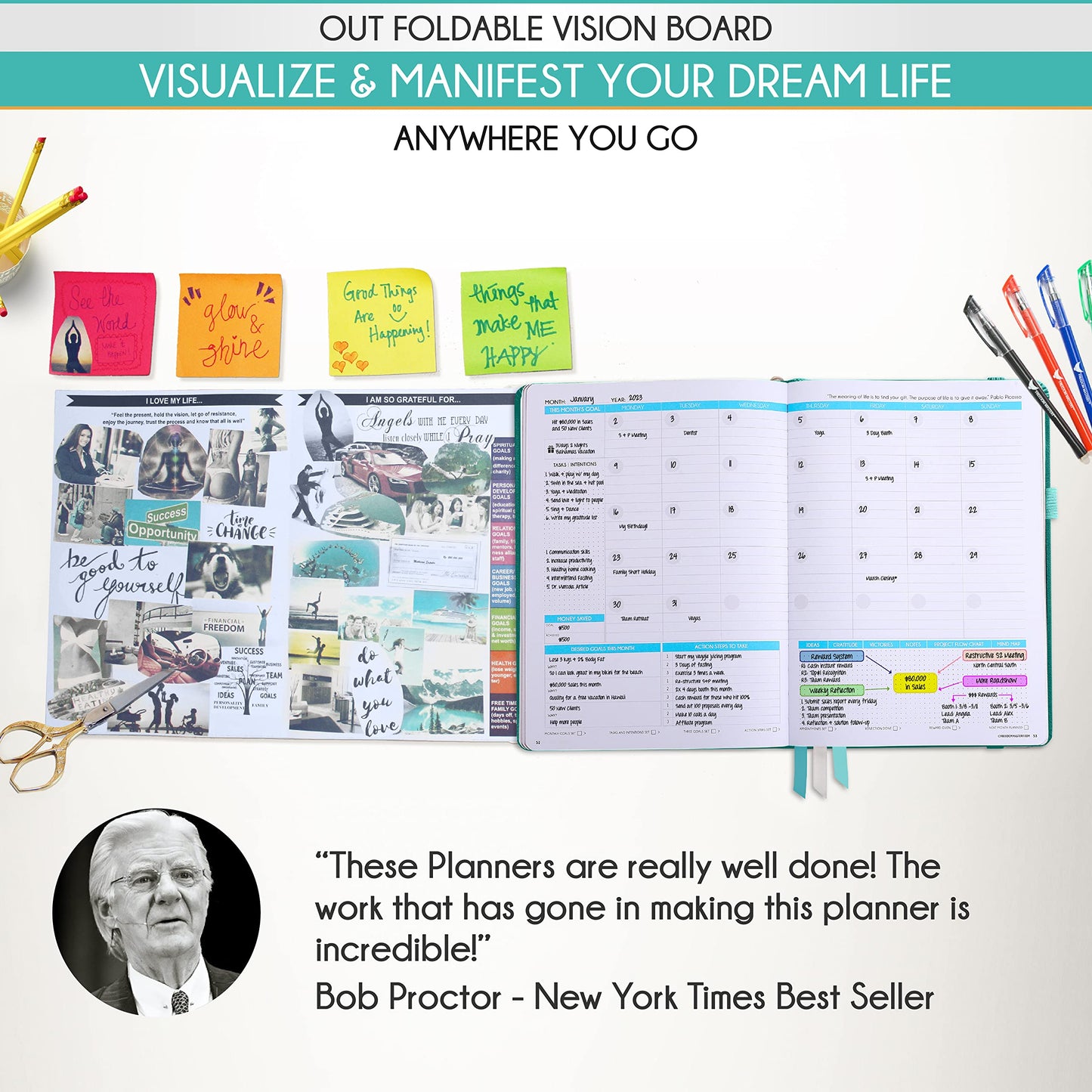 Life Planner - Undated Weekly & Monthly Planner, 12-Month Journey to Increase Productivity | Gratitude Journal, Life Organizer & Goal Journal | Include Foldable Vision Board, Habit Tracker & Stickers