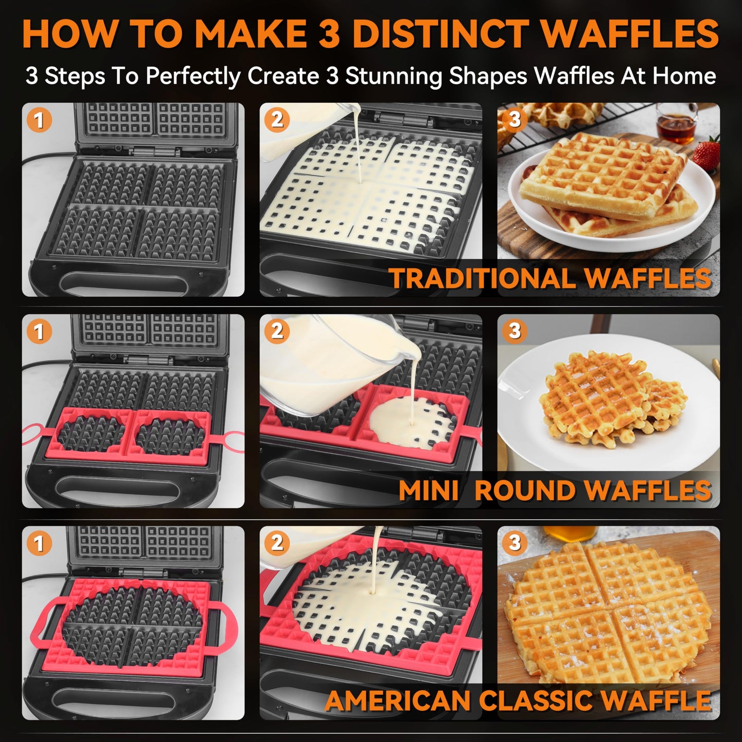 Baker's Friend Multi Shapes Waffle Iron, A Combo of Mini Waffle Maker, American Classic Waffle Maker, Belgian Waffle Machine Thick & Chaffle Maker, Waflera Electrica, With 2 Silicone Molds, Graphite