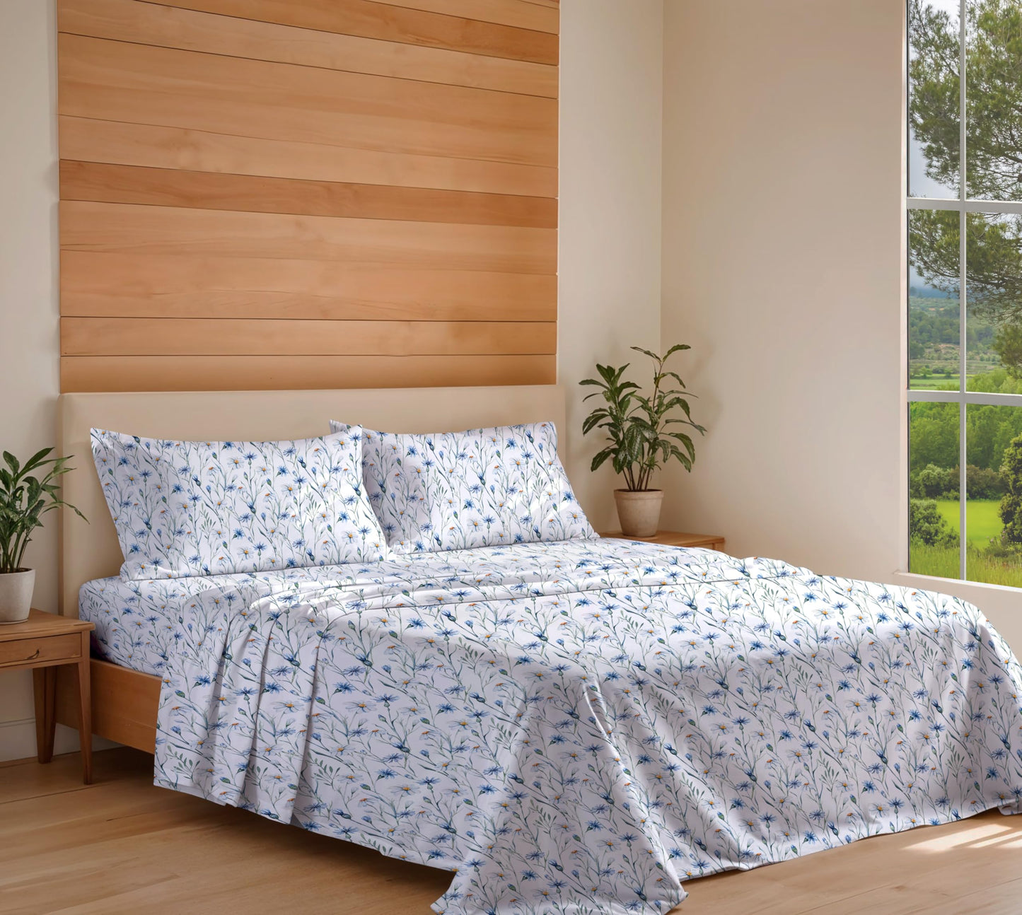 RUVANTI 100% Cotton Organic Percale Sheets Queen Size – Crisp Cooling Bed Sheets for Hot Sleepers, Deep Pocket 15”, Soft Peach Finish, Breathable & Durable Hotel-Style 4 Pcs, Daisy Bud