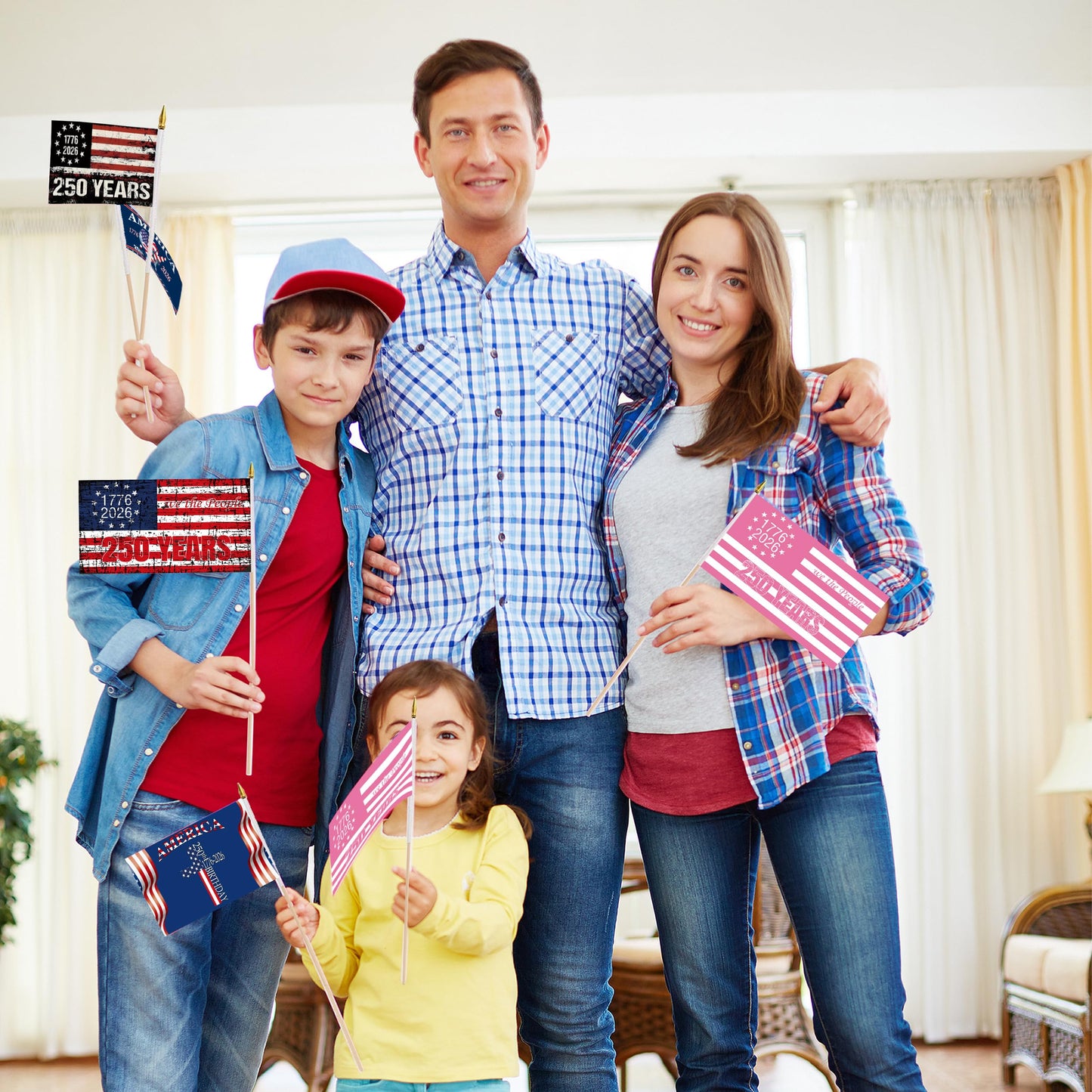 100 Pcs 250 Anniversary Small Stick Flags 250 Year American Anniversary flag Handheld Flag for Outside 4th of July Independence Day Patriotic Signs Hand Held Flags for Room House Welcome Lawn Backdrop Parade (B Flag, 100Pcs)