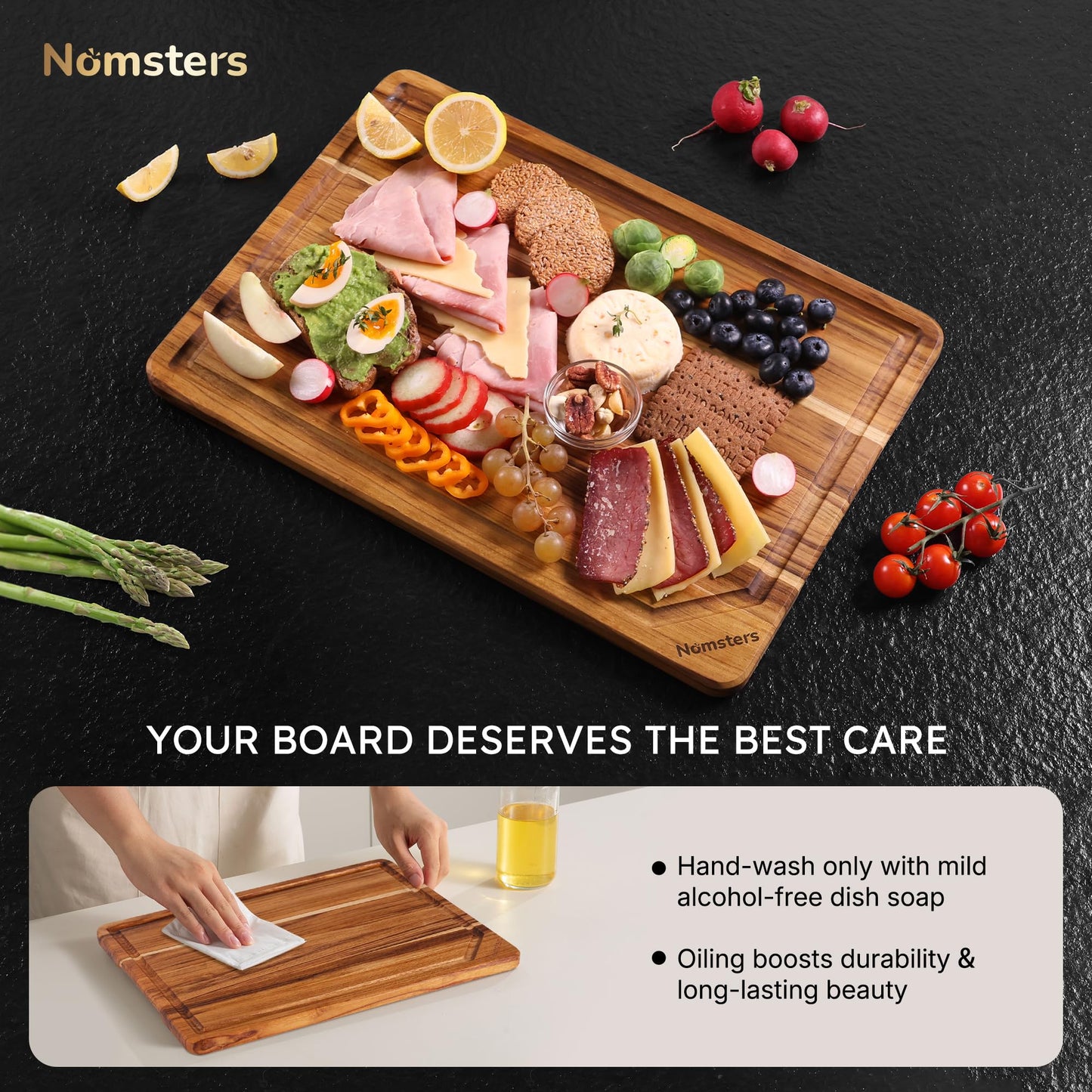 17'' Teak Wood Cutting Board for Kitchen Non Slip Charcuterie Board Serving Heavy Duty Non Toxic Wooden Chopping Board Thick Haus Edge Grain Wood, Knife Friendly Housewarming Gifts - FSC Certified