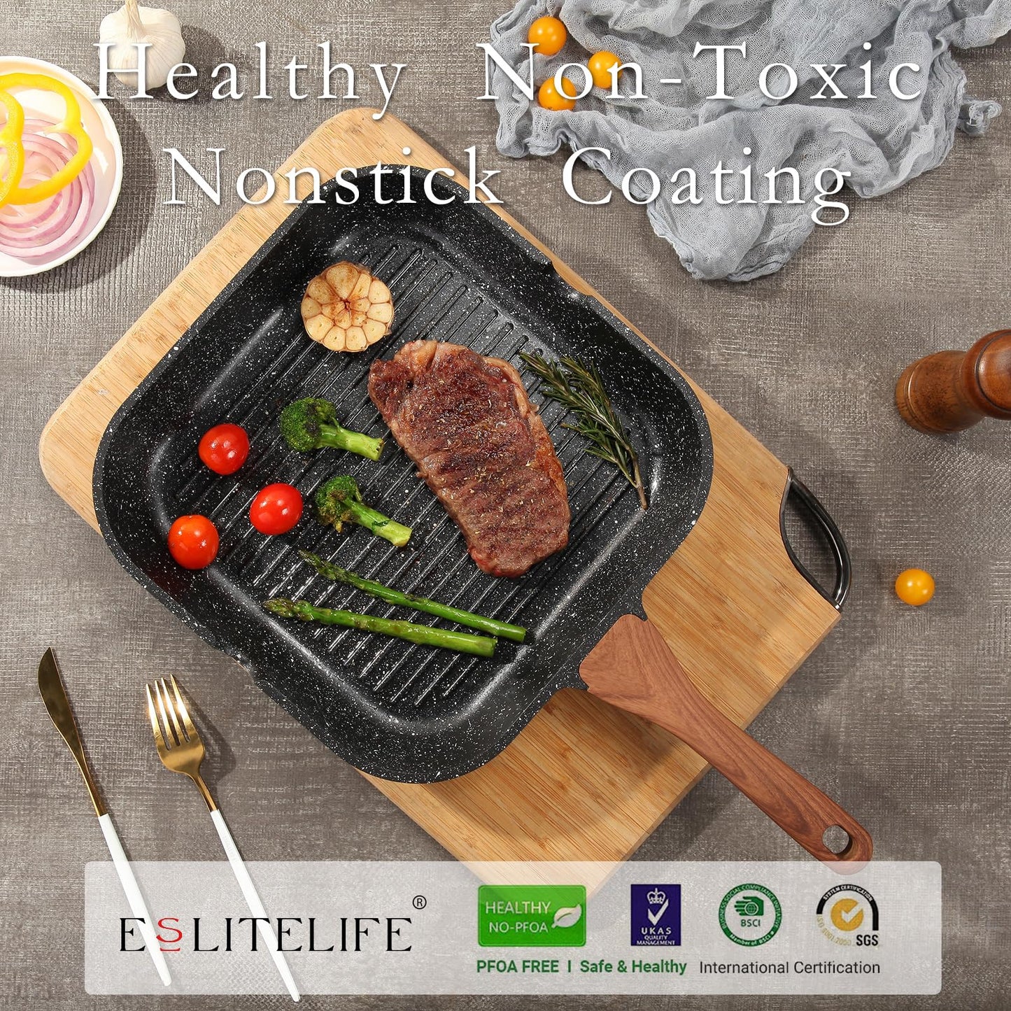 ESLITE LIFE Nonstick Grill Pan with Lid & Tongs for Stove Tops, 11 Inch Versatile Square Big Grilling Skillet Steak Pan with Pour Spouts for Indoor & Outdoor Cooking, PTFE & PFOA Free, Black