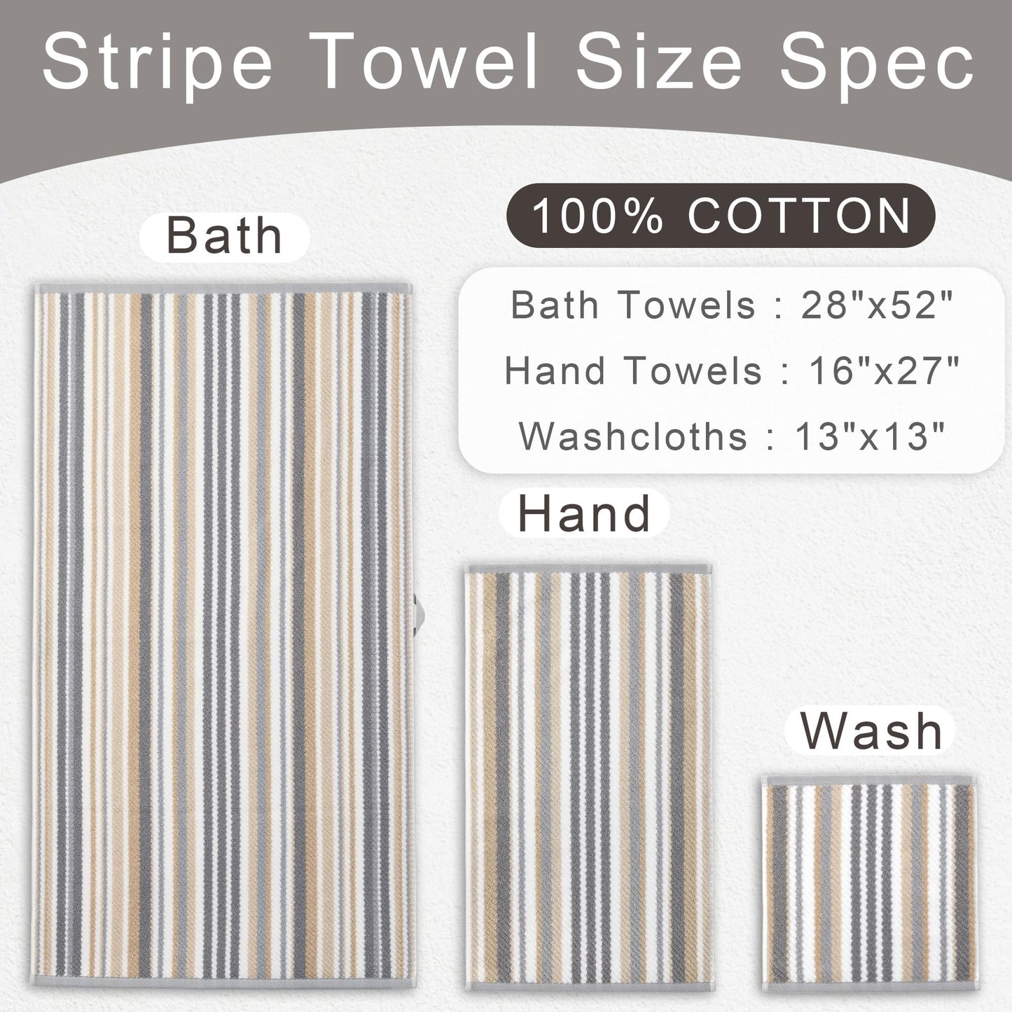 Beige Striped Hand Towels, Bathroom Hand Towels Set of 4, 16"x27" - 100% Cotton | Quick Dry | Absorbent | Light Weight, Soft Towel Set for Showering & Guest, Luxury Towel Gift, Tan and Gray
