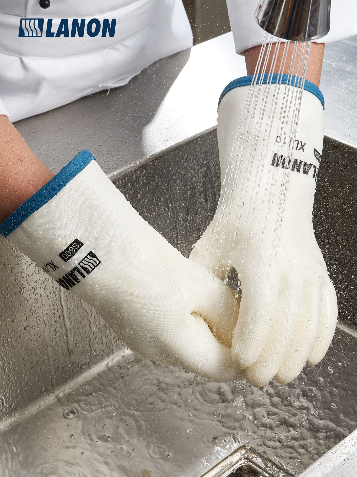 LANON Liquid Silicone Gloves, Heat Resistant Oven Gloves with Fingers, Food Grade, Waterproof, White, Large