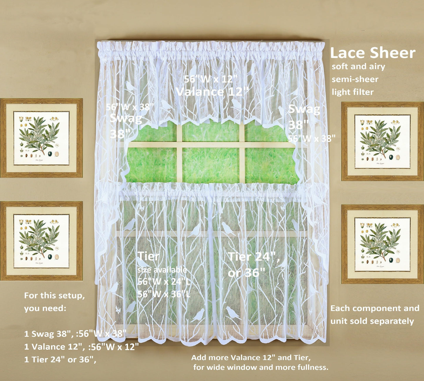 Today's Curtain, Songbird Semi-Sheer Lace Swag 38", White, 56" W x 38" L