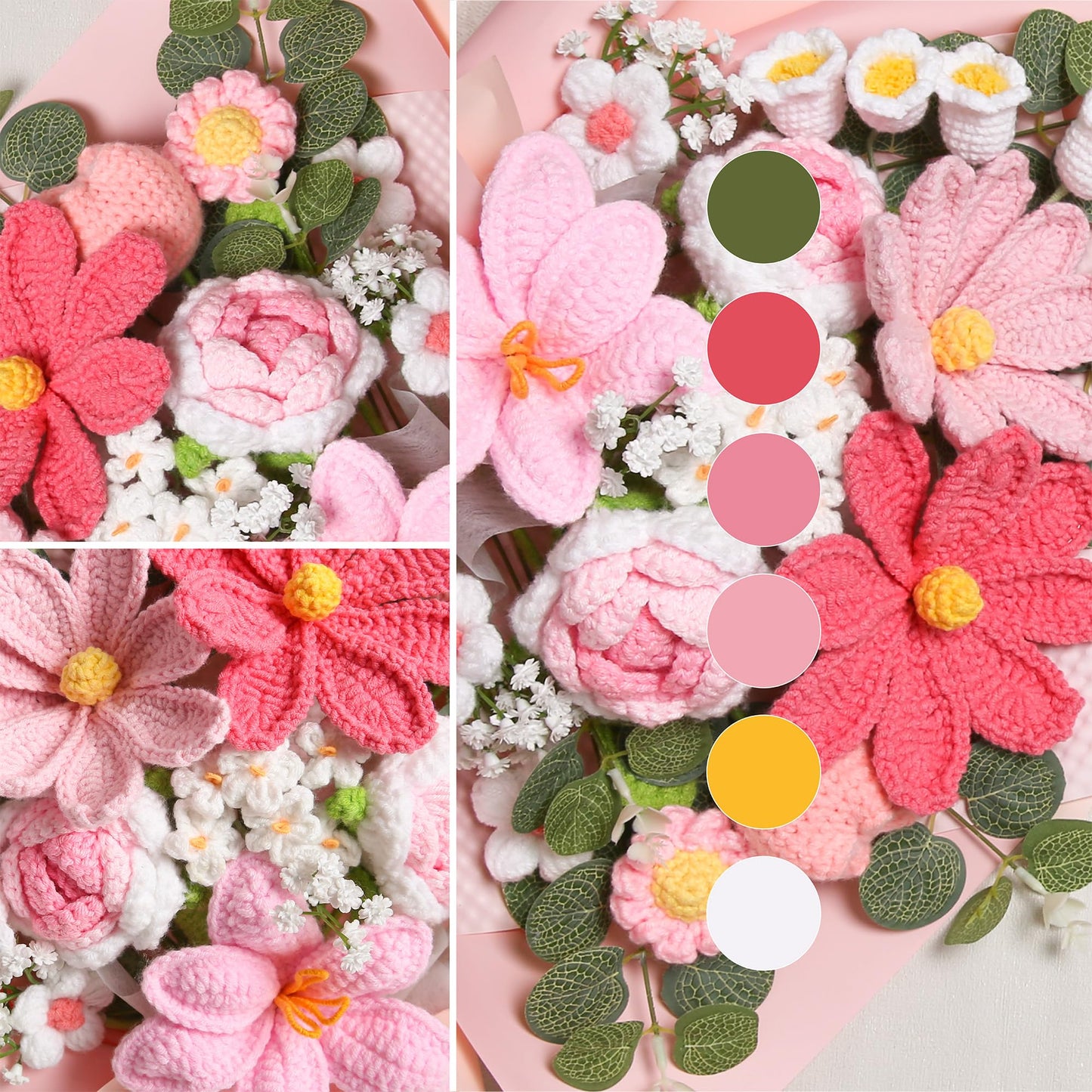 Crochet Flower Bouquet Premium Edition, Handmade Knitted Faux Crochet Flowers for Home Decor Valentine’s Day Anniversary Weddings Birthdays Mother’s Day, Includes Gift Bag and Greeting Card (Rose)