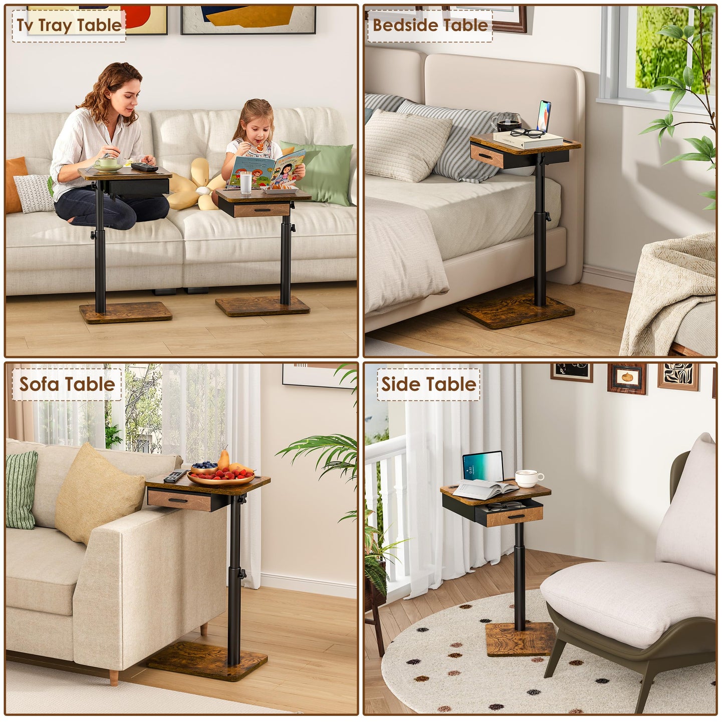 Simple Serenity TV Tray Table with Drawer & Swivel Top, Height Adjustable TV Tray for Eating on Couch, C Shaped End Table for Couch, Sofa Desk Couch Table for Bedroom & Living Room, Patent Pending
