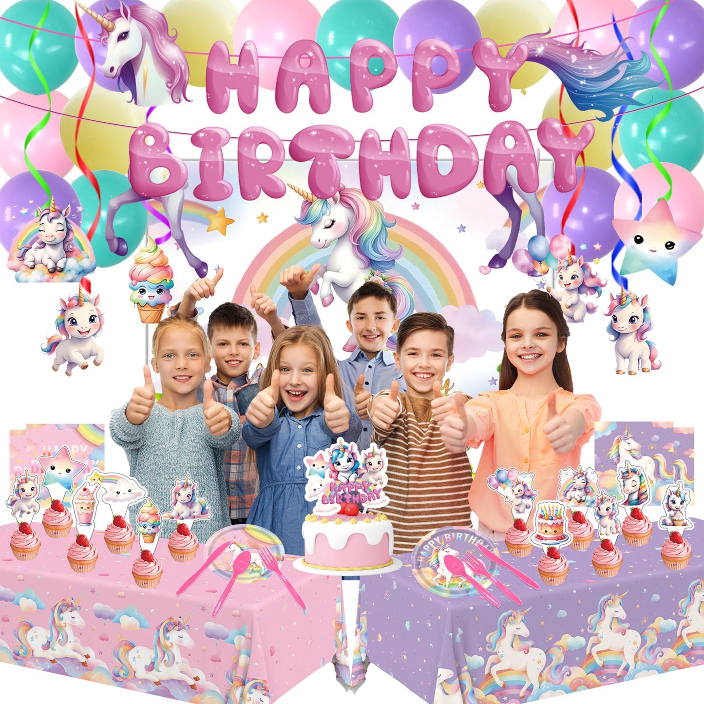 Unicorn Party Birthday Supplies - 220Pcs Unicorn Party Decorations Included Backdrop, Banner, Tablecloth, Hanging Swirls, Cupcake Toppers, Tableware, Paper Towel, Latex Balloons (BIG)