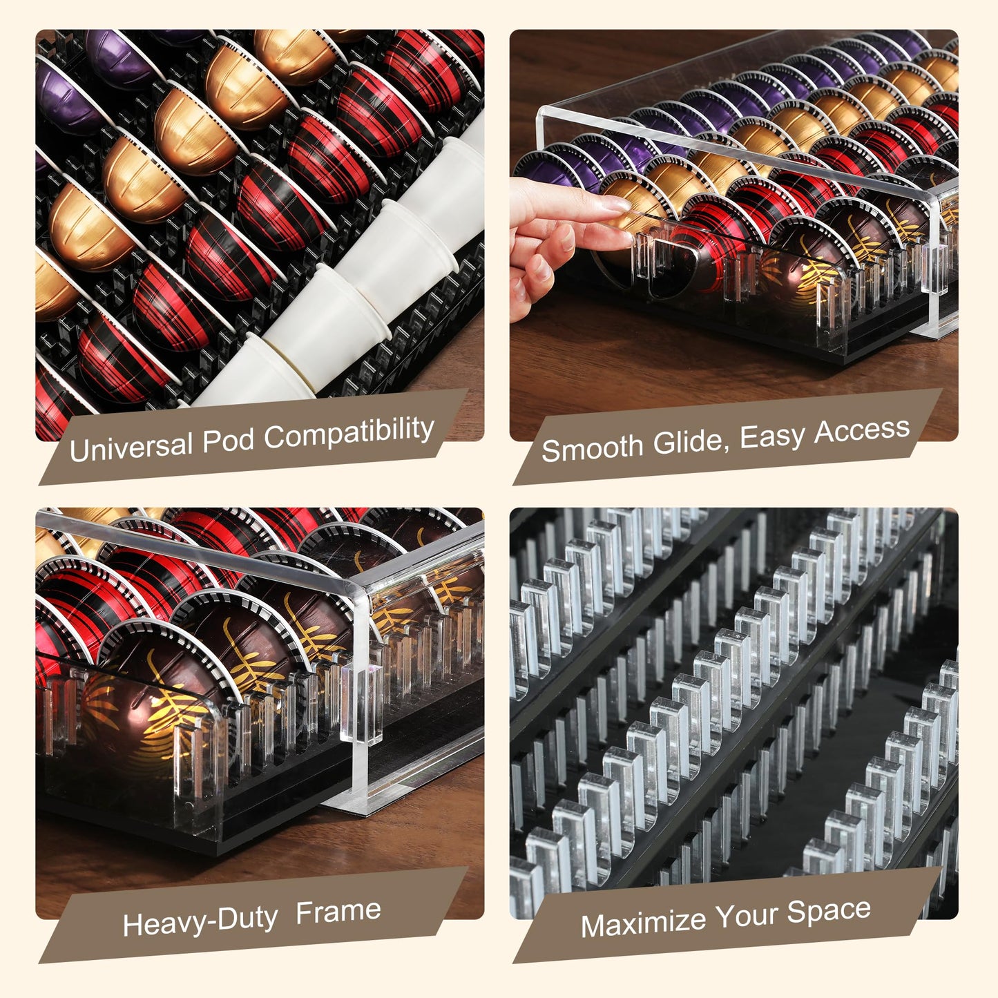 BLACKSMITH FAMILY Coffee Pod Drawer Organizer for Nespresso Vertuo Pods,Acrylic Coffee Pod Holder Holds 40 Large or 60 Small Capsules,Pull-Out Drawer with Anti-Slip Base for Countertop（Matte Black)