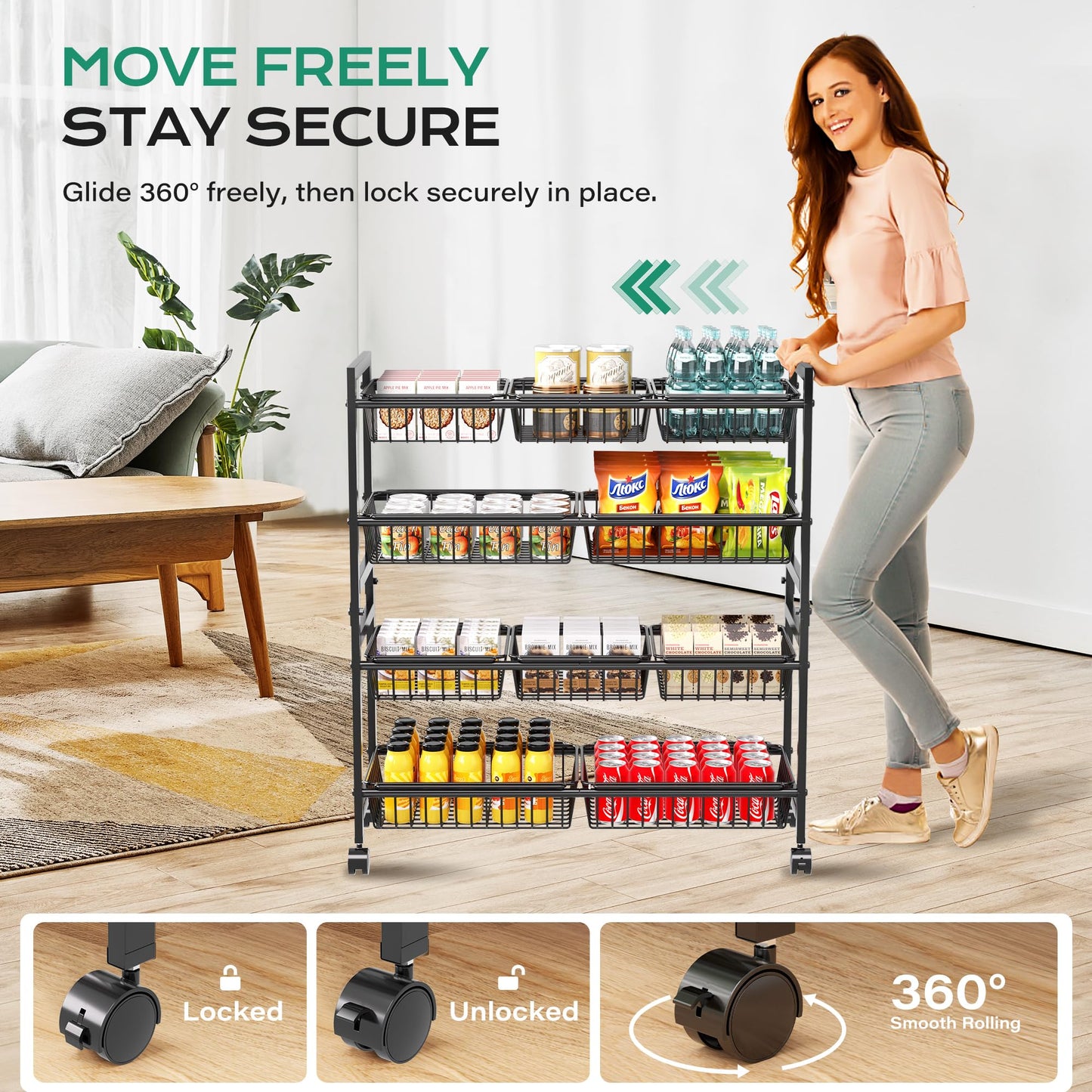 Cinati 4-Tier Snack Cart with Wheels, 29''W Toy Storage Organizer, Rolling Pantry Storage Cart with 10 Wire Baskets & Handle,Adjustable Metal Snack Rack, Kitchen Organizer for Fruit, Vegetables(Black)