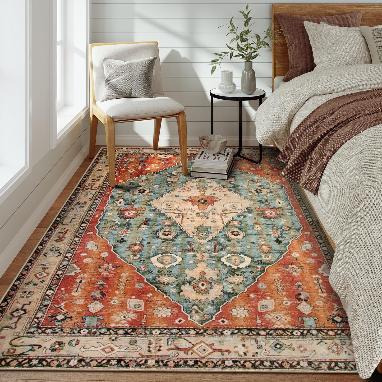 Lahome Felice Boho Tribal 5x7 Washable Living Room Bedroom Rug, Oriental Soft Dining Room Rugs for Under Table, Large Distressed Printed Carpet for Entryway Kitchen Playroom (Rust/Dull Teal,5x7ft)
