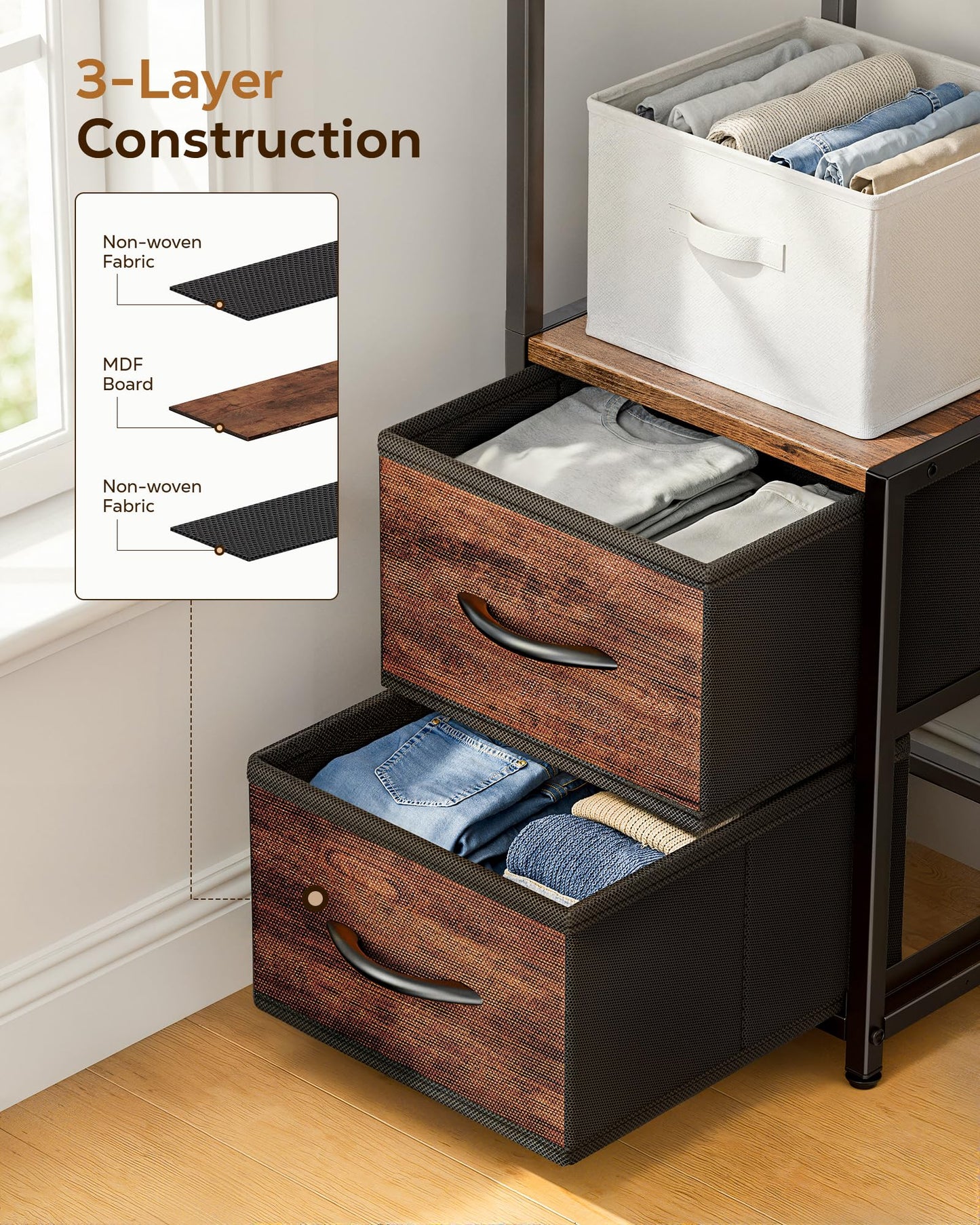 Housolution Corner Shelf Stand with Storage, 63.4'' Tall 6-Tier Corner Bookshelf Includes Fabric Drawers, Freestanding Corners Storage Shelf for Living Room Bedroom Kitchen Bathroom (Black + Brown)