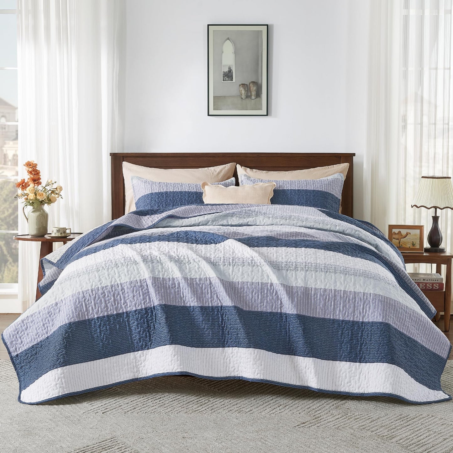 Andency Queen Quilt Bedding Set Mineral Blue, 3 Pieces Patchwork Summer Striped Ultra Soft Lightweight Bedspreads, Coverlets Set with 2 Pillow Shams for All Seasons (90"x96")