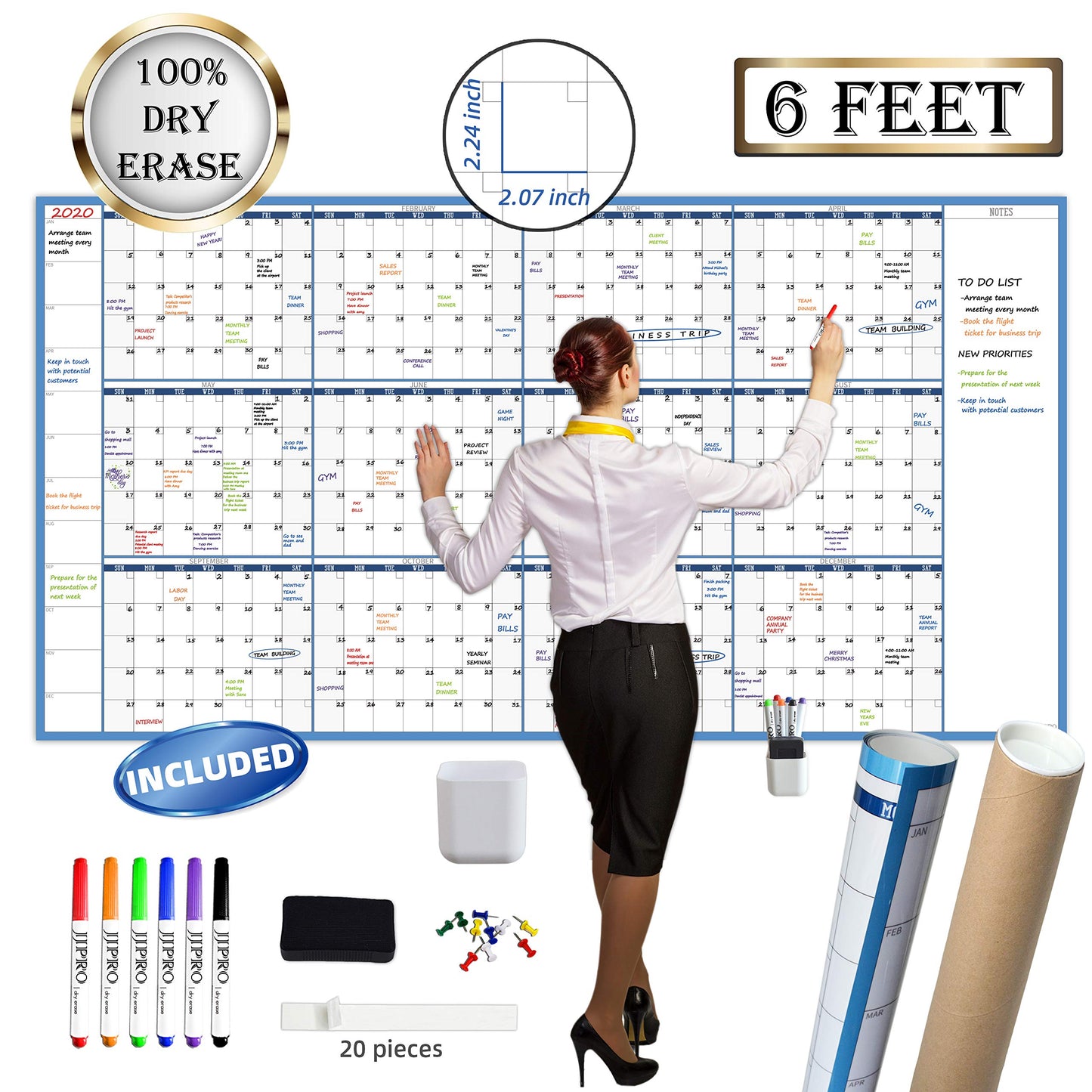 Large Dry Erase Wall Calendar - 38" x 72" - Undated Blank Reusable Yearly Calendar - Giant Whiteboard Annual Poster - Laminated Office Jumbo 12 Month Calendar