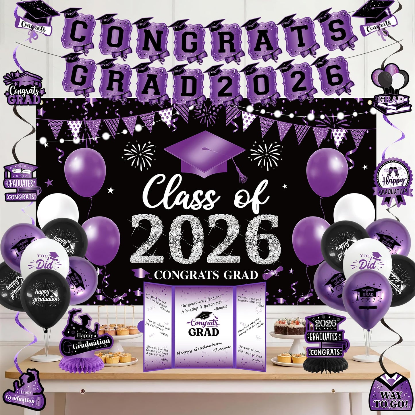 Vlipoeasn Purple 2026 Graduation Party Decorations 2026 College/High School Graduation Decorations Party Supplies, Black and Purple Class of 2026 Congrats Grad Backdrop Banner Signature Book