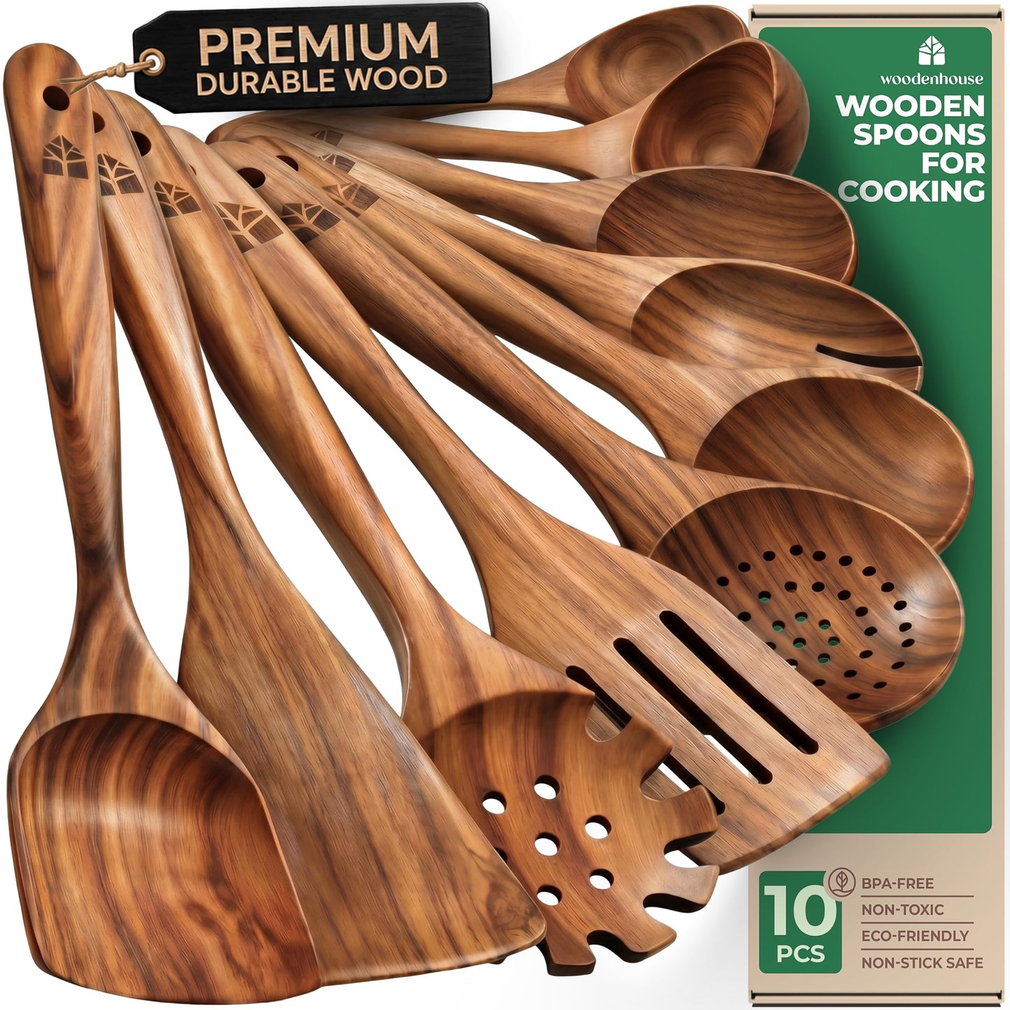Wooden Spoons for Cooking – 10 Pcs Teak Wood Utensil Set, Durable, Nonstick Safe & Heat Resistant with Ergonomic Handles